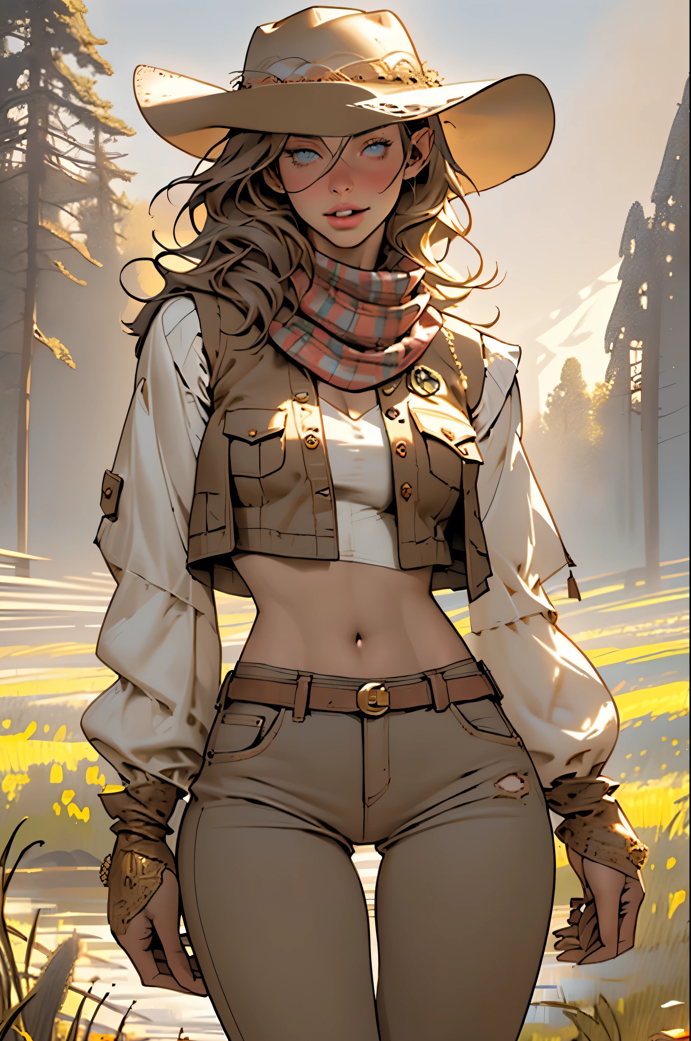 (highest quality, Super detailed, realistic:1.37), outdoor, slim girl, beautiful face, detailed and beautiful eyes, beautiful detailed lips, cowboy hat, vest with fringes, slim waist, slender thighs, thigh gap, show belly, pants, scarf, With confidence, medium chest, dusty farm landscape, golden hour lighting