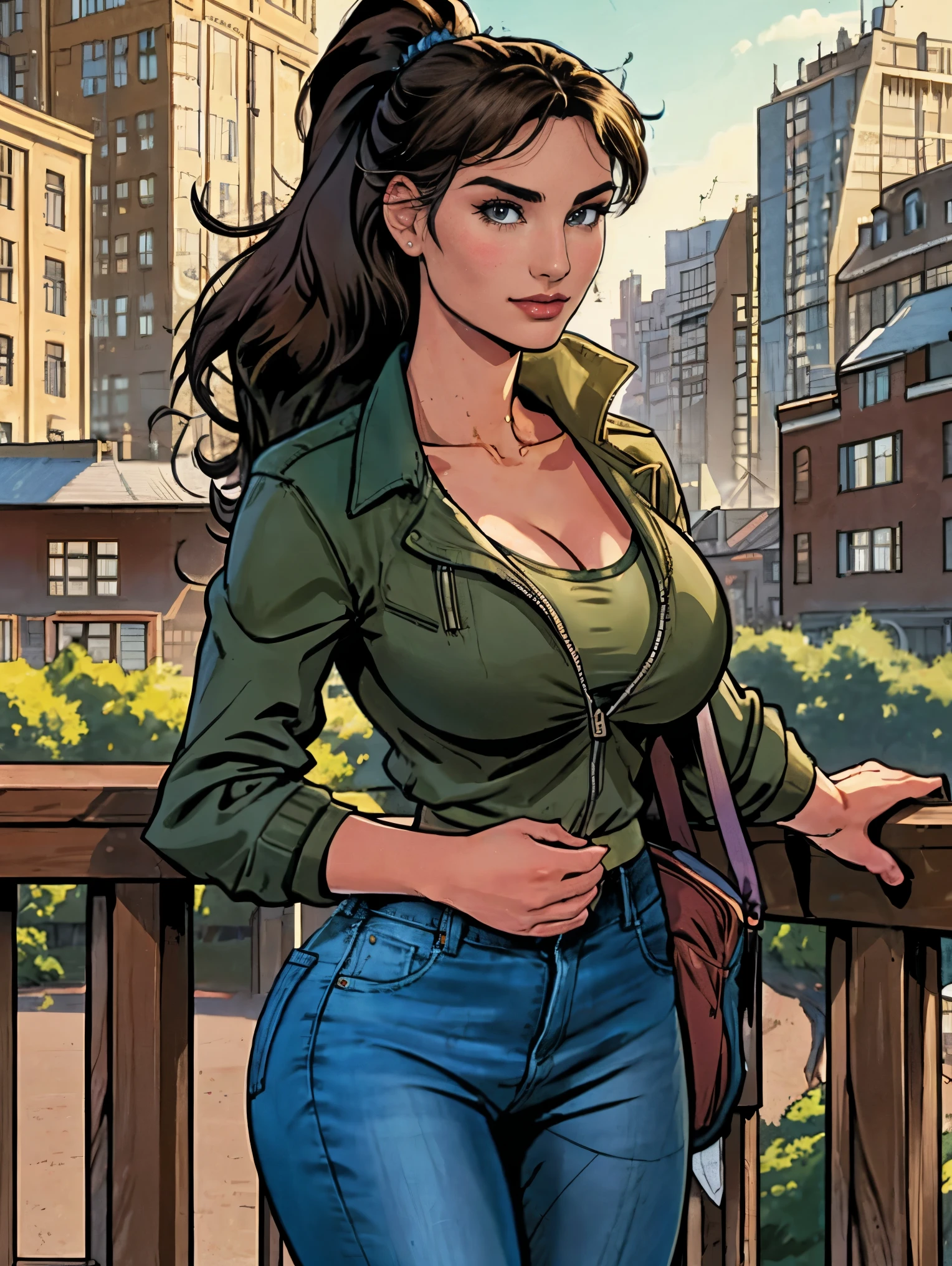 (masterpiece, top quality, best quality, official art, beautiful and aesthetic:1.2), (1girl:1.3), dark brown hair pulled back, elegant updo, extremely detailed, portrait, looking at viewer, facing viewer, solo, (full body:0.6), detailed background, close up, kindly eyes, (warm summer park theme:1.1), busty woman, charlatan, smirk, mysterious, long hair, huge ponytail, slim, thin, athletic, womanly, elastic woman, dark green jacket, tank top, blue jeans, hair bandana, camera bag, brunette, city, heroic, cheerful, city exterior, park, street, daylight, soft lighting, natural lighting, athletic, strong, slim waist, slim hips, long legs, muscular legs, modern (city park exterior:1.1) background, bright mysterious lighting, shadows, magical atmosphere, dutch angle, 
