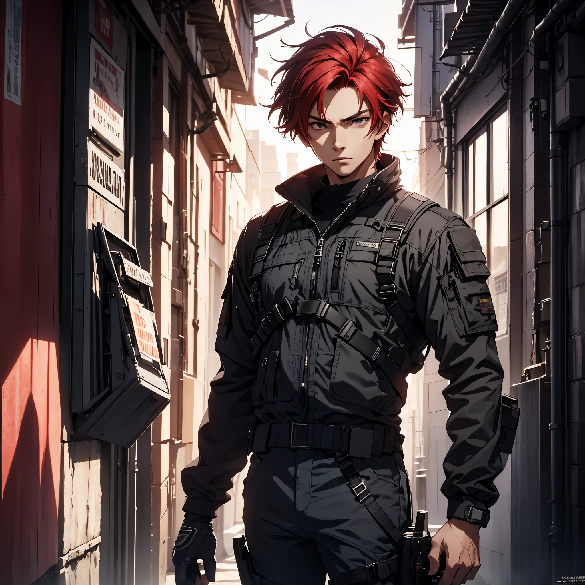 1man, handsome,  18 years old, red hair, wearing combat suit, ultra high resolution, best quality, masterpiece, rtx,ray tracing, 4k, top quality, highly detailed, official art, stunning visuals