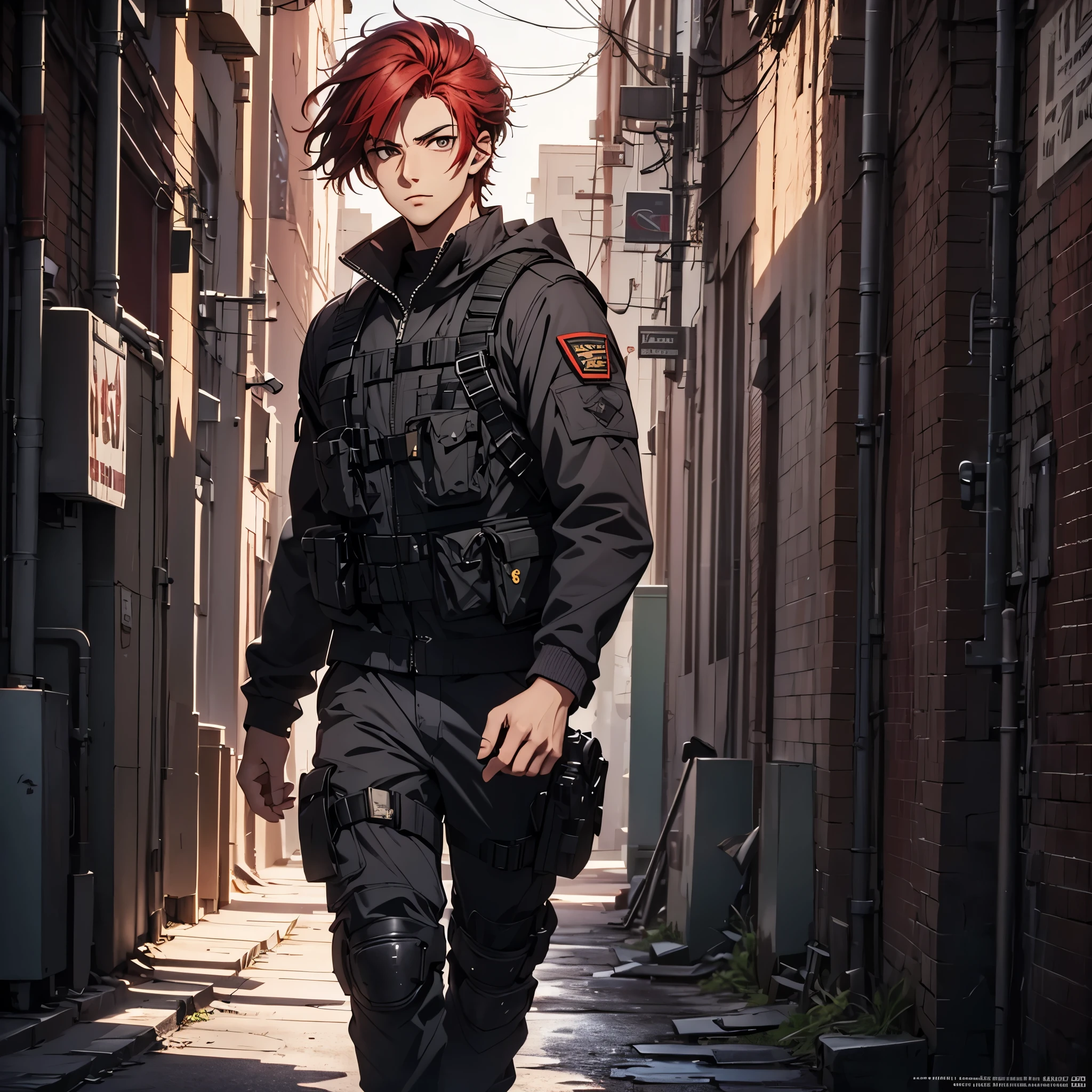 1man, handsome,  18 years old, wild red hair, wearing combat suit, ultra high resolution, best quality, masterpiece, rtx,ray tracing, 4k, top quality, highly detailed, official art, stunning visuals