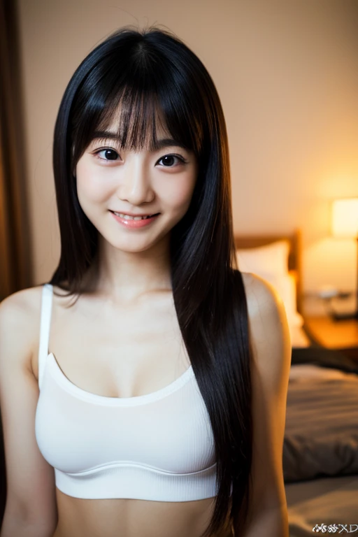 ultra detailed, 8K, a woman, thinking, smiling, seiza, looking at viewer, long hair, blunt cut, straight hair, black hair, black eyes, eyes open, fair skin, tiny, glamorous, white tank top, underwear, cute face, baby face, 20-year-old, japanese, in the bedroom, at midnight, kawaii, ultra realistic photo, full body shot
