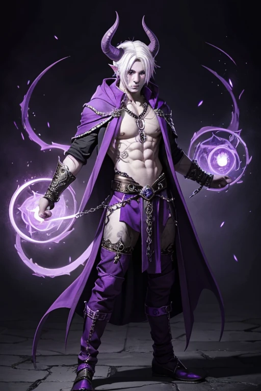 Tiefling male with purple skin,sorcerer, casting spell, full body, white hair short, purple skin, purple horns, chains, piercings 
