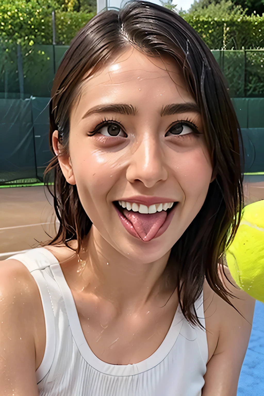 Beautiful Japanese Women,Taylor Hill,(photo Realistic:1.4), (hyper Realistic:1.4), (Realistic:1.3),Very detailed,Eyelashes High resolution eye depiction, Focus your eyes, Nose and mouth,Face Focus, Woman with open mouth and closed eyes, Completely naked、Age 35,Black-haired、Symmetrical face,Realistic nostrils、Elongated C-shaped nostrils,,、((Sweaty skin))、Lighting that accentuates sweaty skin、Sweaty, Shiny skin、((Glowing Skin))、((Wet and shiny 舌))、Attractive body,Beautiful breasts,((Life,floor))Beautiful breasts,((Tennis court,Tennis uniform,Sleeping in front of the tennis net,Sleeping surrounded by tennis balls)),((crazy, saliva, 舌 out,  Ahegao, long 舌, ))