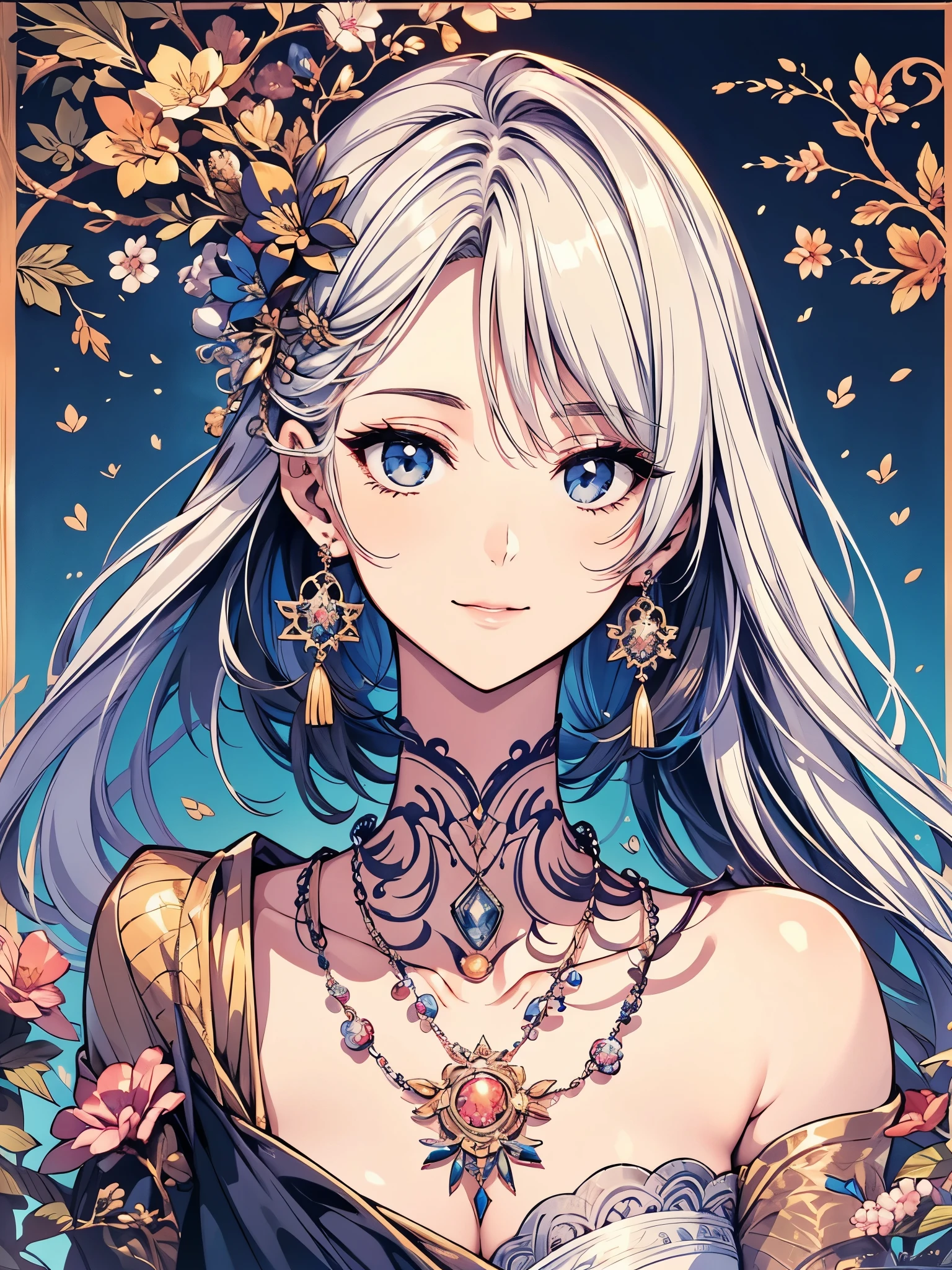 ((focus on the face)), ((Beautiful facial features)), Extra high detailed description eyes, Beautiful eyes, Beautiful woman, Beautiful arms, Beautiful Hands, (slender), Detailed depiction of faces, Small earrings, necklace, litle smile, Outstanding style, colour ink art, Line art, colour pencil writing, magazine cover, illustration, anime style, drop shadow, projected inset, 8K, Masterpiece, anatomically correct, award winning, best quality
