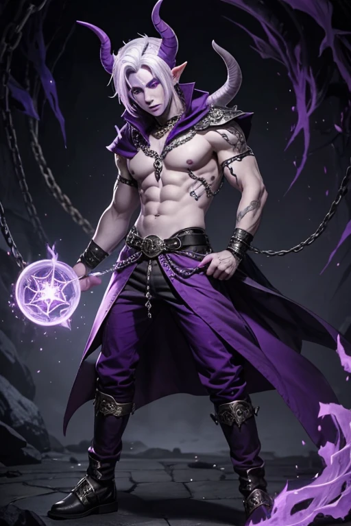 Tiefling male with purple skin,sorcerer, casting spell, full body, white hair short, purple skin, purple horns, chains, piercings, pants