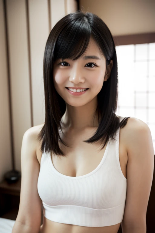 ultra detailed, 8K, a woman, thinking, smiling, seiza, looking at viewer, long hair, blunt cut, straight hair, black hair, black eyes, eyes open, fair skin, tiny, glamorous, white tank top, underwear, cute face, baby face, 20-year-old, japanese, in the bedroom, at midnight, kawaii, ultra realistic photo, full body shot