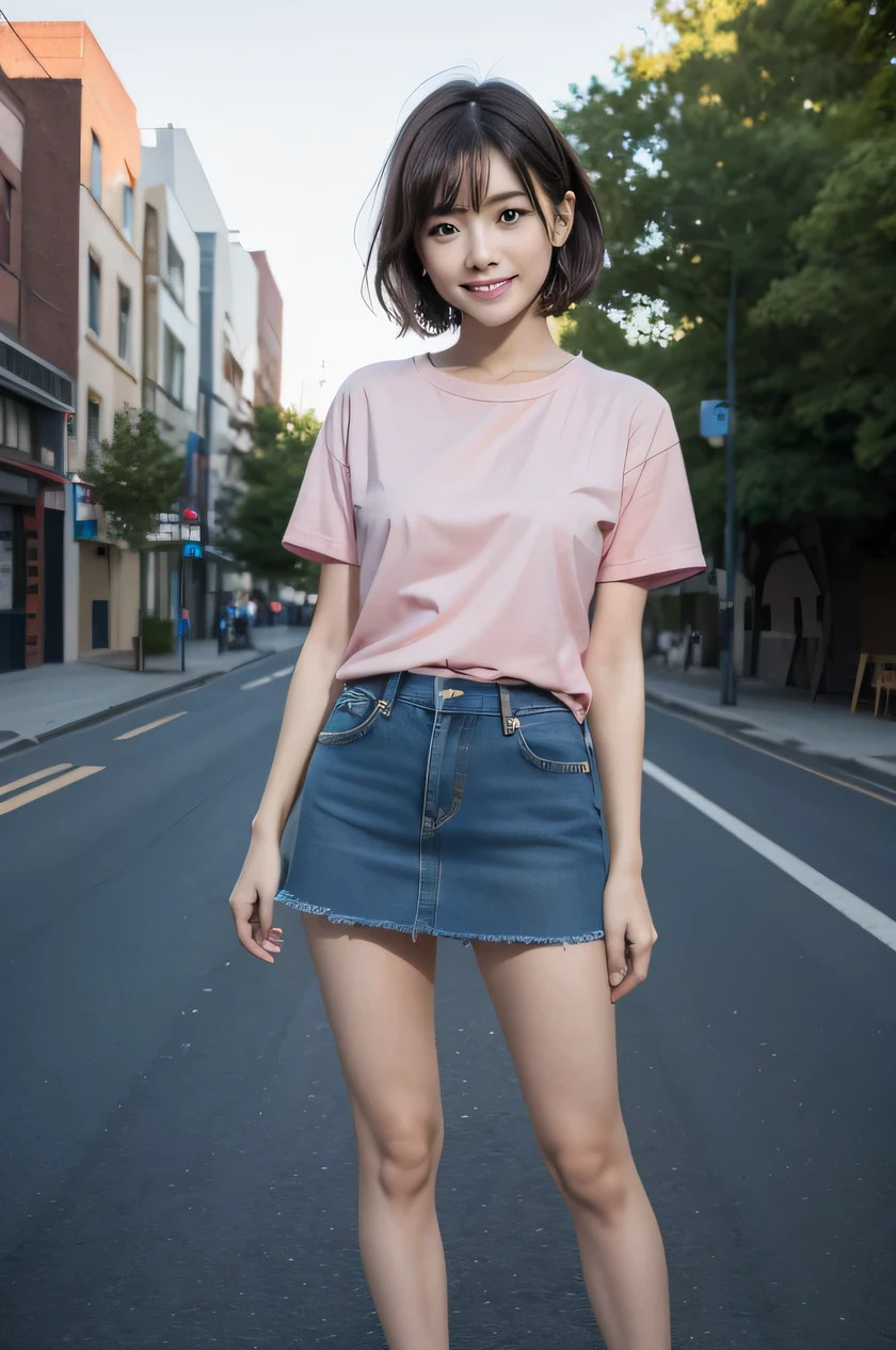 The beauty of 8K raw photos:2.0, Japanese woman, short hair, beautiful face and dark eyes, looking down, looking at the viewer:1.5, big smile, wet hair, tiny top, (denim mini skirt and pink shirts:1.2), shinny skin, open wide legs, realistic:1.9, very detailed, full body shot:1.2, High resolution RAW color photos, professional photos, Taken at the town road, girl sexy portrait