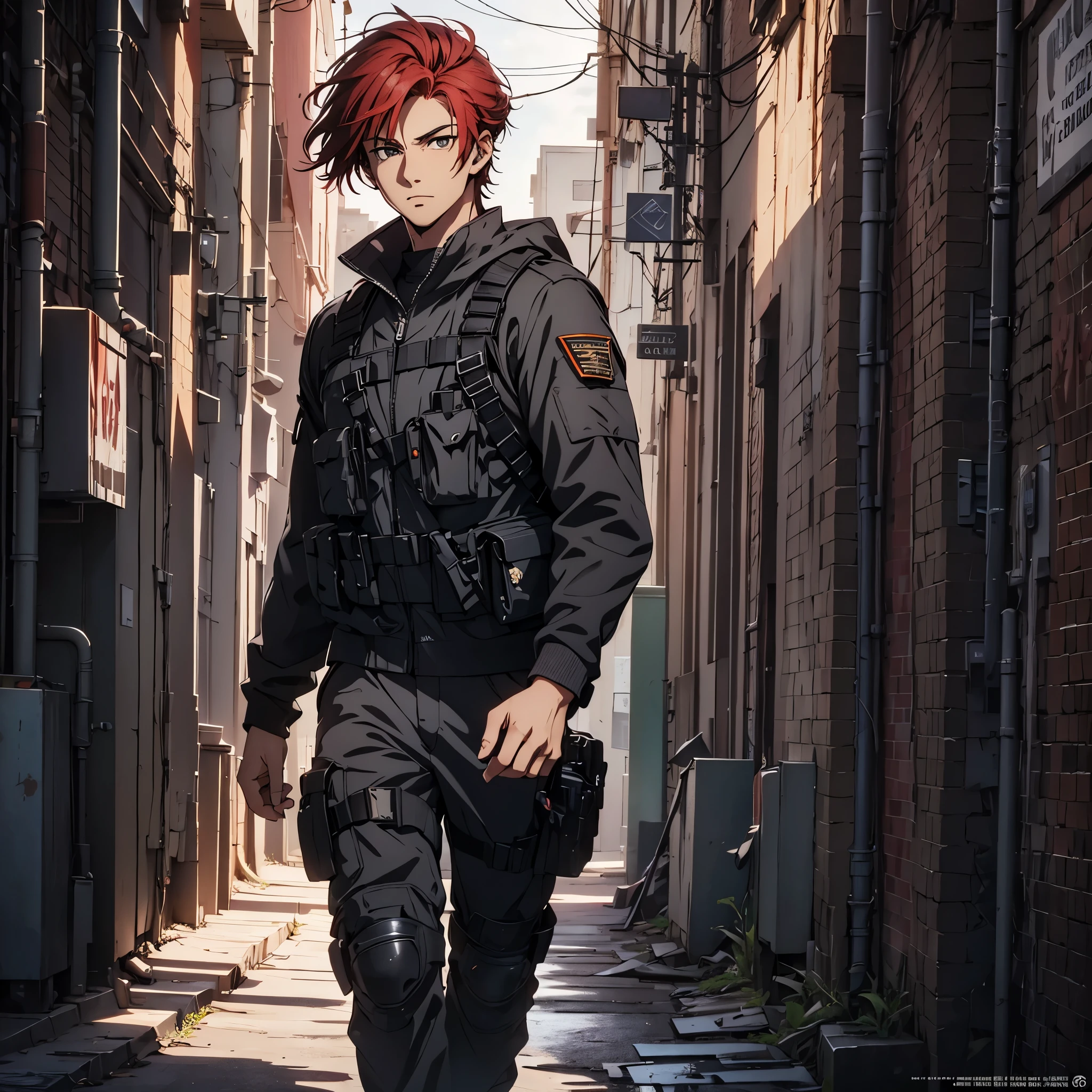 1man, handsome,  18 years old, wild red hair, wearing combat suit, ultra high resolution, best quality, masterpiece, rtx,ray tracing, 4k, top quality, highly detailed, official art, stunning visuals