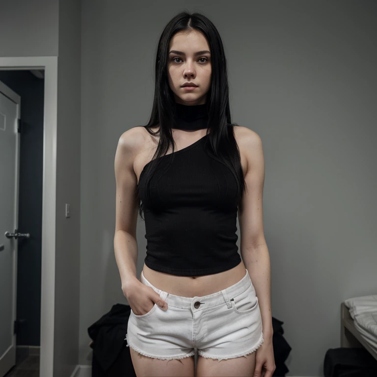 1 girl, pale skin, black and red medium hair , black shirt, black stockings, black necklace, dark blue eyes.