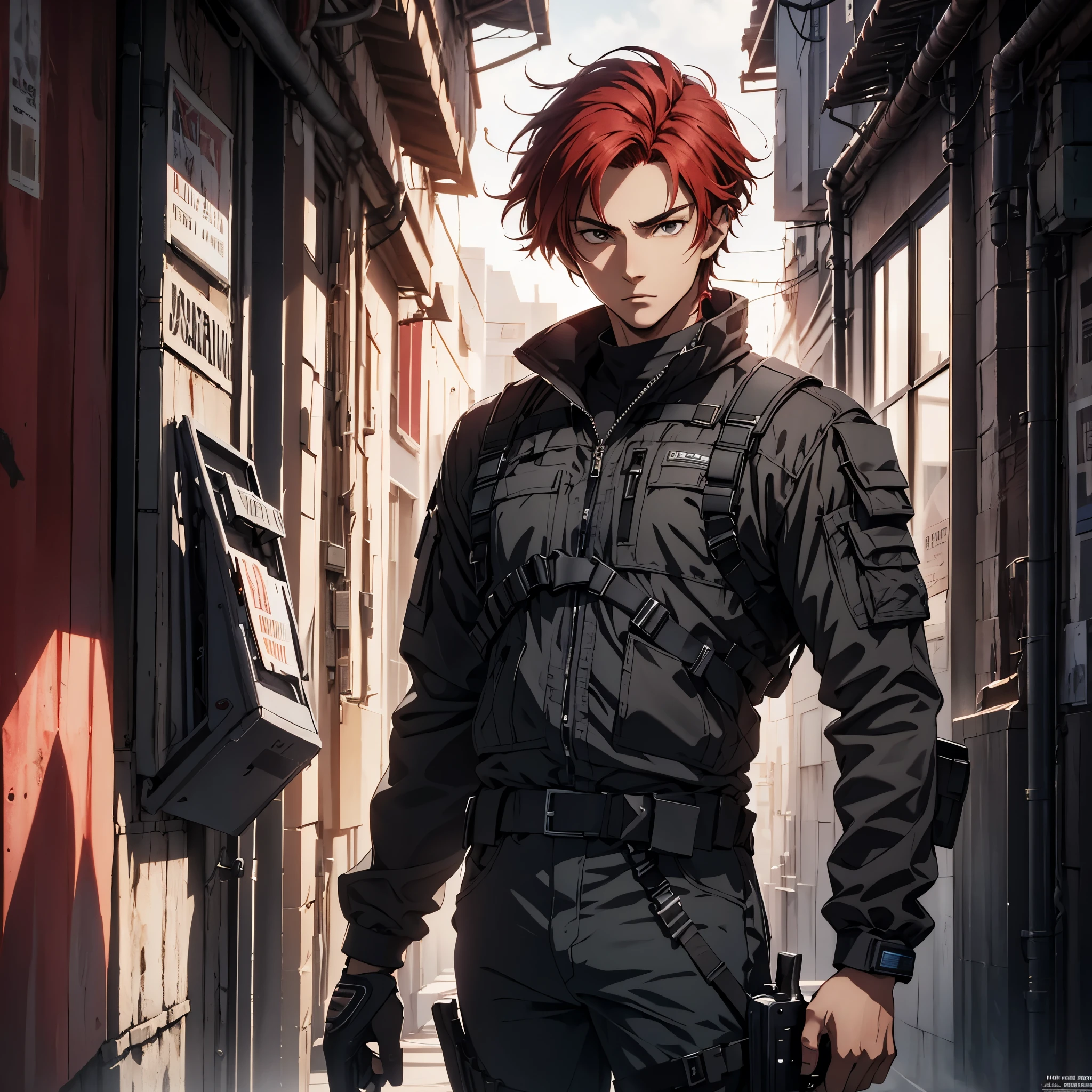 1man, handsome, 18 years old, red hair, wearing combat suit, ultra high resolution, best quality, masterpiece, rtx,ray tracing, 4k, top quality, highly detailed, official art, stunning visuals