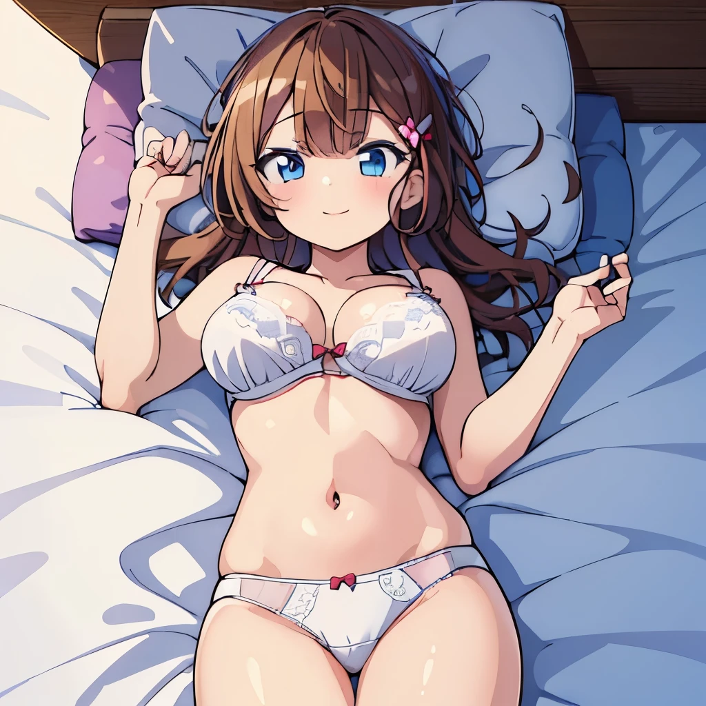 ((masterpiece)), ((best quality)), (ultra-detailed), on the bed, a cute girl, 1girl, solo, smile, underwear00