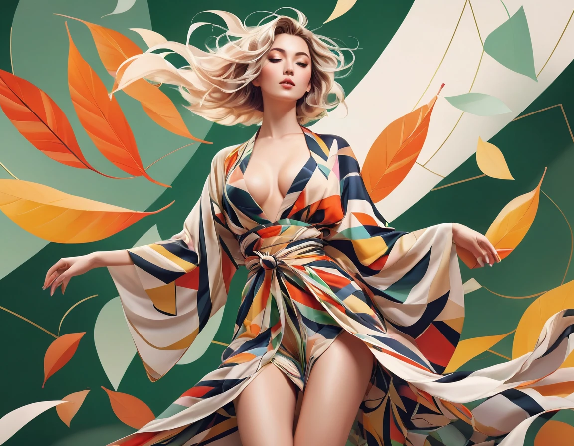 Elf female, feminine look, sexy hair, sexy outfit, leaves around body, swirling air movement, wide angle, full body view, loose fabric, geometric shapes, small breasts, lines pattern kimono, Bauhaus, geometric shapes