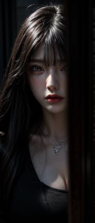 V0id3nergy,luminescent, Blood_vessel,, (masterpiece:1.3), (the best_quality:1.3), (extremist_detailed:1.3), 8k, extremely_Clear, realism, (extremistPractical:1.3),, insane details, intricate details, hyperdetailed, extremist detailed, extreme detailed, Highest detailed, High_detail, rich and colorful, fair, HDR, photoPractical, HighThe reservoir, extremist_High_The reservoir, photography, Aesthetic, extremely_Beautifully,((Fractal Art)),rich and colorful, moth (Cover left eye), somber expThe reservoirsion, cry (Red), (Horror Art, fear),HighThe reservoir, 16K,Raw,extremist HighThe reservoir,extremist details,finely detail,an extremely Beautifully and fair,extremely detailed,true shadow, Practical,Highly detailed photo,屡获殊荣的魅力photography作品,photoPractical,White skin、Beautiful face.、Huge breasts、18-year-old beauty face、Long bangs cover the vicious eyes, Attractive young woman，Transparent gauze dress，necklace，earrings，Giant chandelier，Stand at the table，（（（full-body shot）））