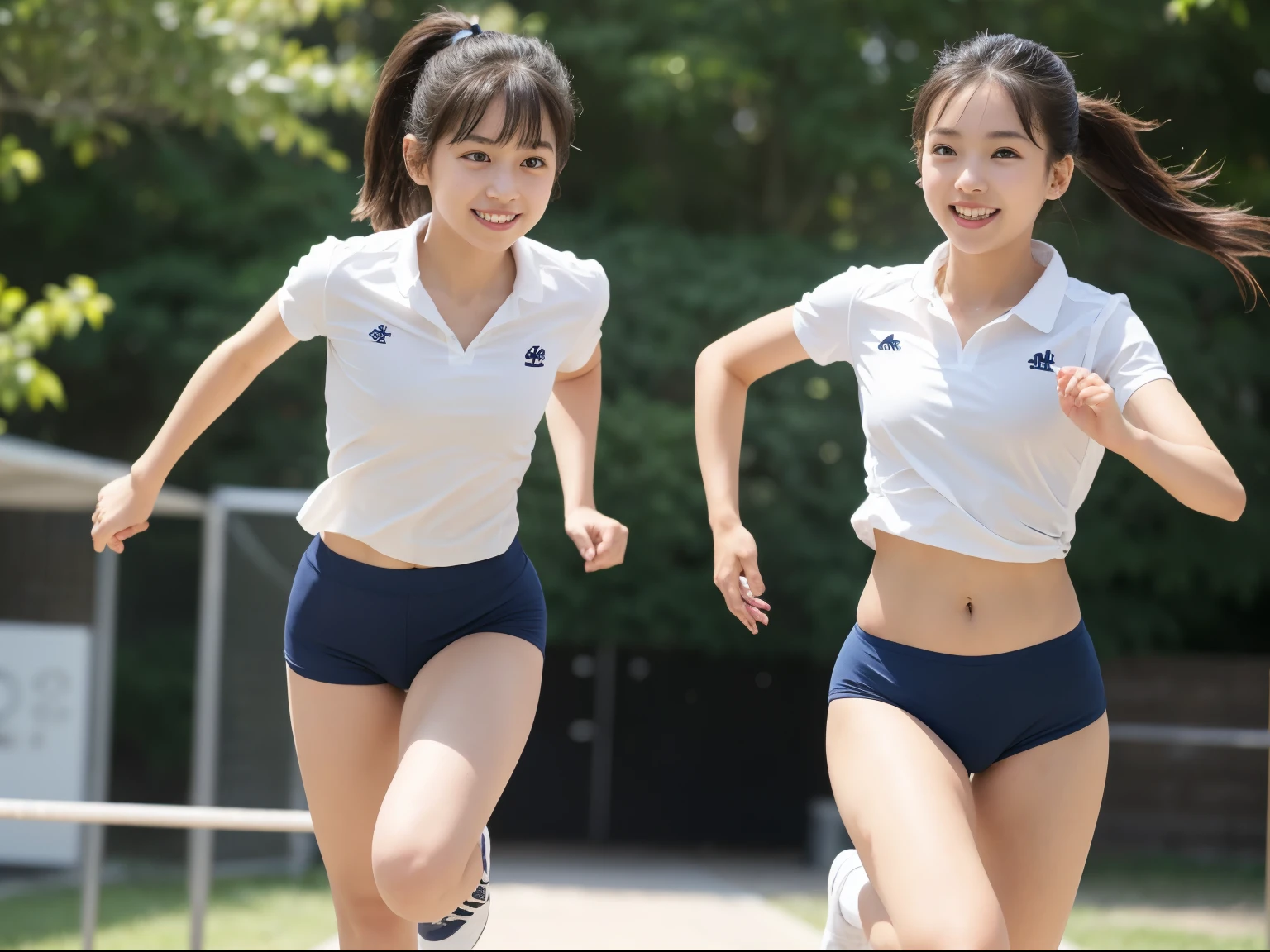 two girls running in the schoolyard,Navy blue briefs in speed style without logo,White school gymnastics shirt,18year old,Bangs,A little smile,thighs thighs thighs thighs,Knees,short cut hair,poneyTail,From below