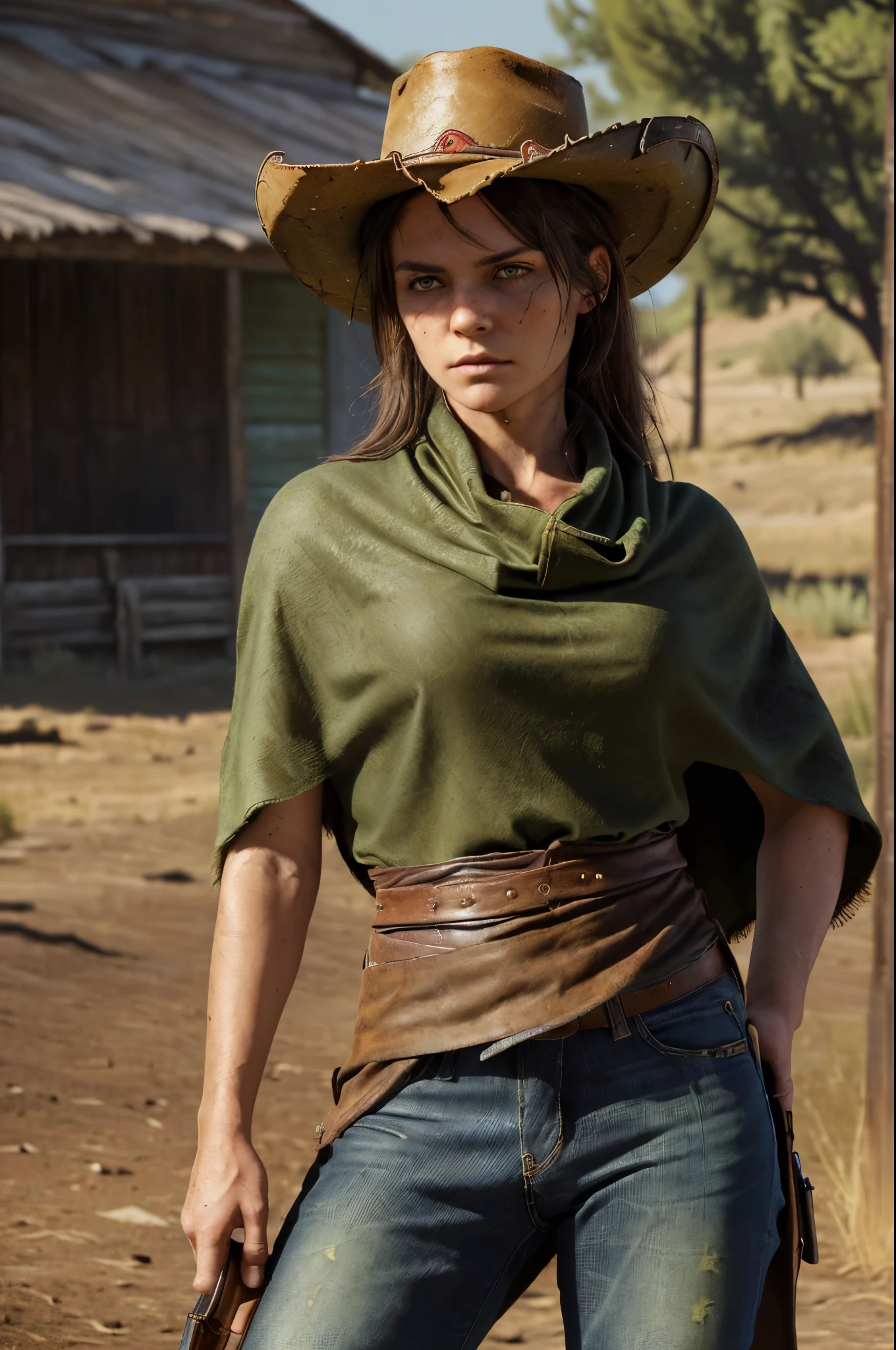 ((1800's, red dead redemption aura, 1 girl, cowgirl, rifle over shoulder, scars on face, brunette, black cowboy hat, green eyes, scars on arms, calloused, turned sideways, knife in hand, glare, wearing brown poncho, jeans, boots, outlaw, wild west, mean looking, masterpiece, detailed))