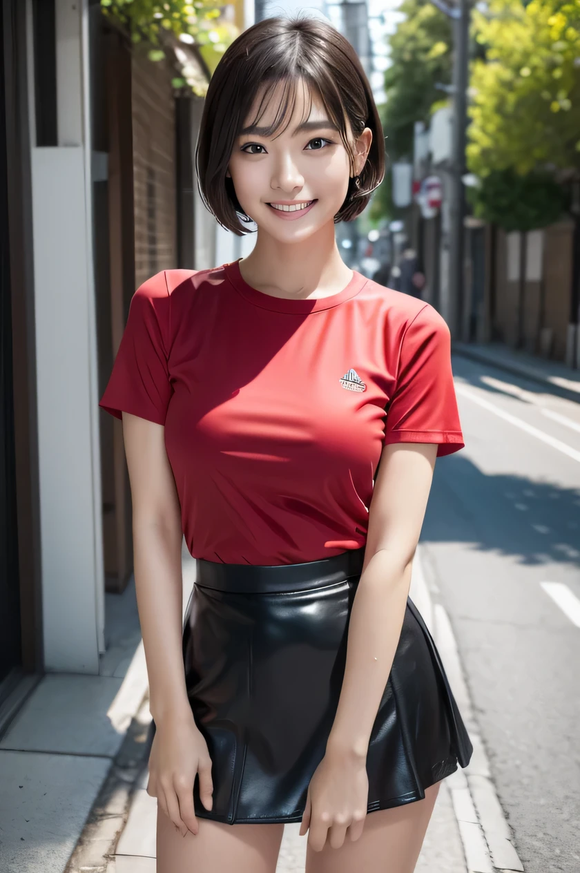 The beauty of 8K raw photos:2.0, Japanese woman, short hair, beautiful face and dark eyes, looking down, looking at the viewer:1.5, big smile, wet hair, tiny top, (mini skirt and red shirts:1.2), shinny skin, open wide legs, realistic:1.9, very detailed, full body shot:1.2, High resolution RAW color photos, professional photos, Taken at the town road, girl sexy portrait