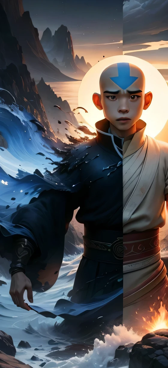 1man, realife adaption of aang avatar the last air bender, with airbender robe, big sun shine behind him, flying on the sun, water effect, fire effect, rock effect, wind effect, realistic temple background, realistic effect, blue shine eye, clothes detail, ultra detail, high res, 8k, ultra detail.