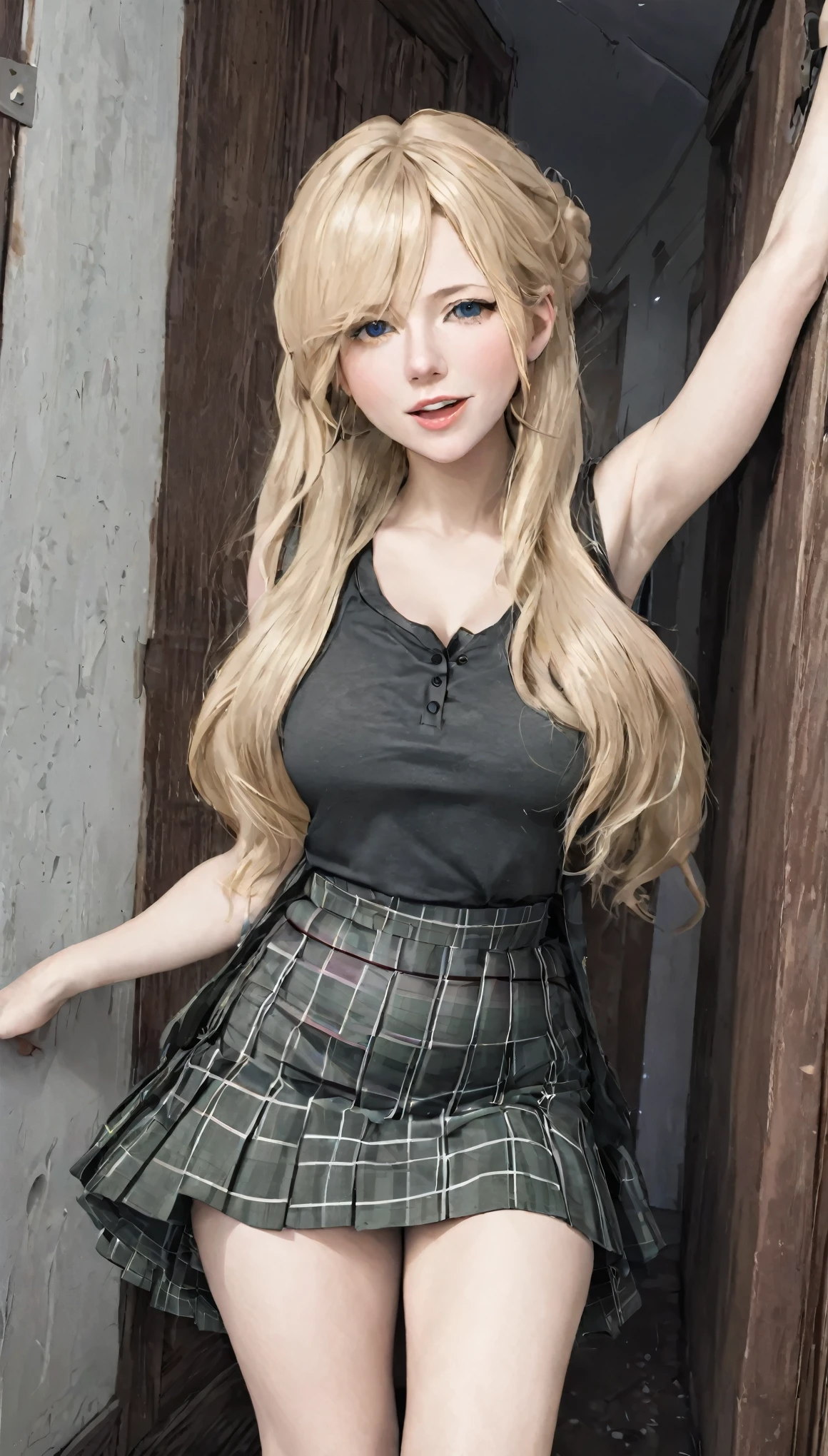 ((upon)), masterpiece, Better Quality, (Realist, PhotoRealista: 1.4), (Photo RAW: 1.2), Very detailed Unity 8k CG 壁紙, Very delicate and beautiful official art, is great, Attention to detail, Disorganized, unbelievably ridiculous, Large archive , Ultra-detailed, Very detailed, ((Catherine Winnick: 1.3)\(Vikings)\(Laguerta)), Very detailed目と顔, Beautiful and fine details, Facial Light, One Girl, Very long hair, ((Horsetail)), alone, Linda, View the viewer, (The perfect woman) , Narrow waist, Whole Body Ezbian, small, ((small breasts)), stand up, ((She wears a respectable uniform)), ((Microphalda)), mini skirt, Checked skirt, belly button, next door, Sleeveless shirt, Bare arms, fringe, School, Shabby room, Ulzzang-6500-v1.1, ((Extremely wide hips)), ((Extremely thick thighs))