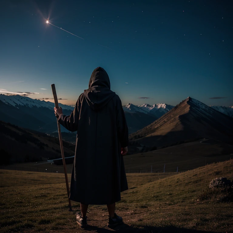 A man wearing a hooded robe stands on a hill holding a stick against a night mountain backdrop