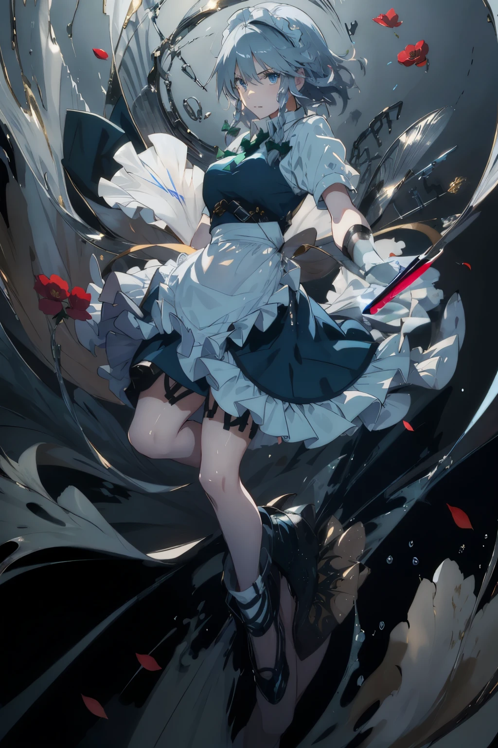 masterpiece, best quality, illustration, 1girl, solo, Izayoi Sakuya, (white short hair), maid headband, sharp eyes, (vivid color), light, thick smoke:1.6, (floating white ink:1.8), Cyan flame, (beautiful and clear background:1.25), (depth of field:0.7), Dreamlike, (highres:1.2), (ultra-detailed:1.2), (extremely detailed CG unity 8k wallpaper:1.2), (traditional media), (sketch:1.1), finely detailed beautiful eyes and detailed face, Knives, (flying petals:1.2), red roses, Knifefight, dynamic colors, colorful, dynamic pose, dynamic angle, (full body:1.3), Touhou, knife, holding Knives, izayoi sakuya, medium breasts, (detailed eyes), cute, beauty, HDR, 4K, nier anime style, harmony, fighting stance, izayoi sakuya