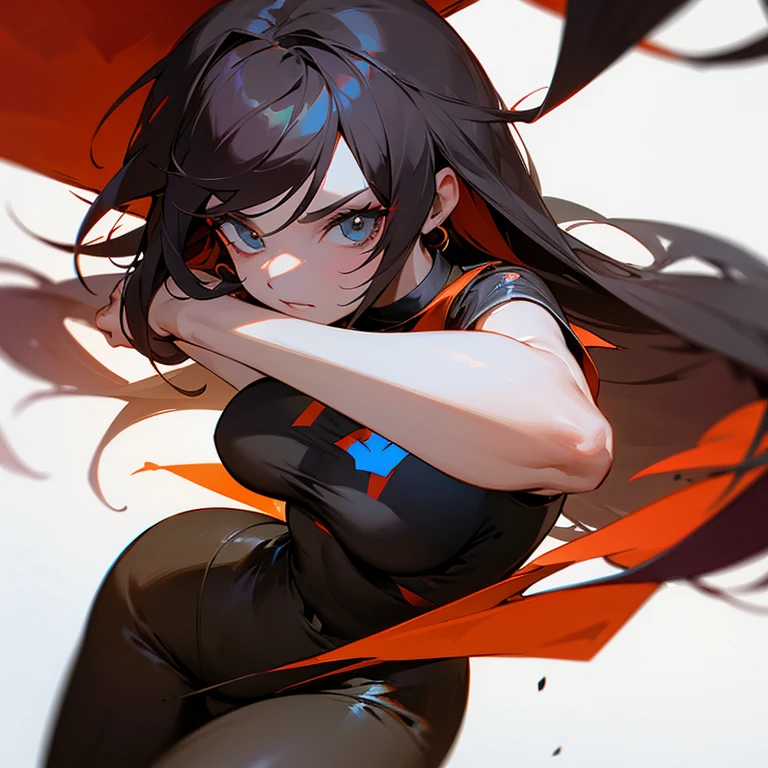 Minha personagem de free fire, tem cabelo preto curto, e olhos azuis, ela usar roupa preta
