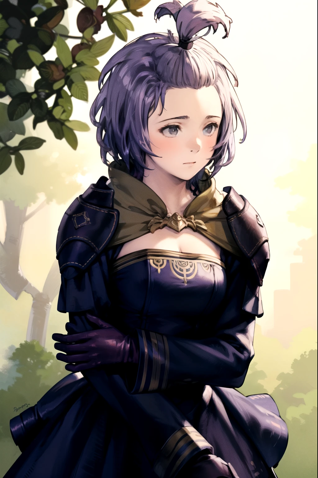 Masterpiece, solo, 1girl, upper body, hopesBernie, topknot, purple dress, cleavage, purple gloves, purple boots