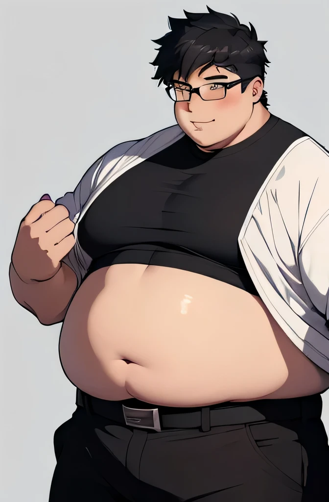 extremely fat anime boy, black shirt, black pants, belt, very big belly, 300 pounds heavy, obese, massive stomach, wearing glasses