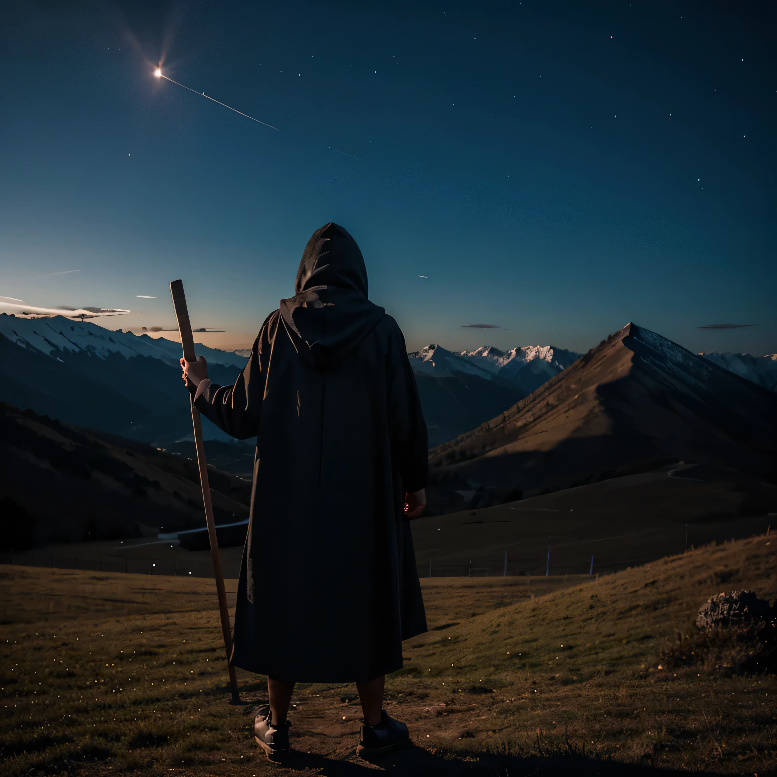 A man wearing a hooded robe stands on a hill holding a stick against a night mountain backdrop