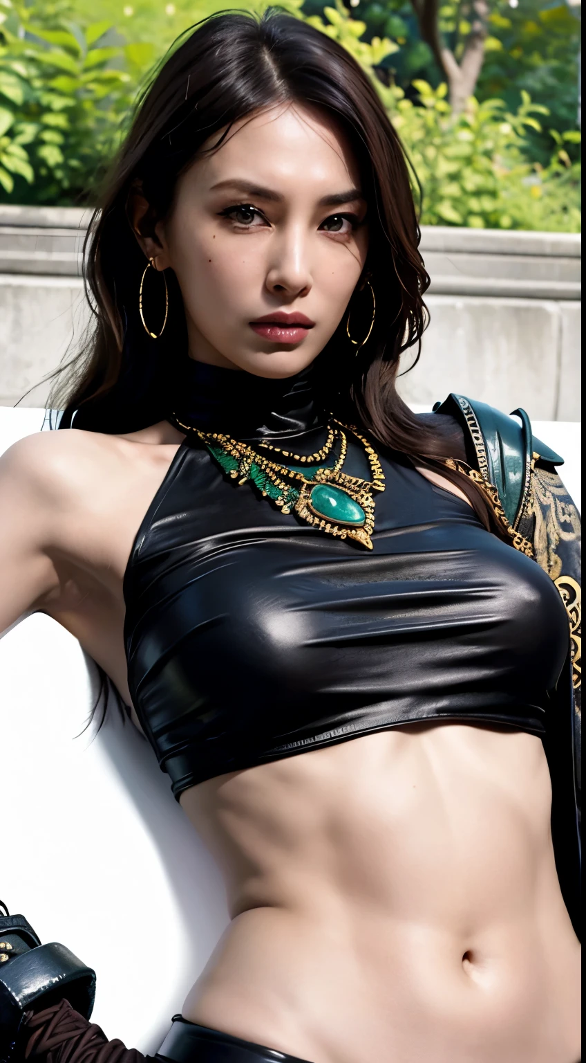 Realistic, High resolution, 1 Female, Mature Woman, alone, Hip Up, View the viewer, (Detailed face), tattoo, Samira \(League of Legends\), Eye patch, Earrings, Green Eyes, Braiding, Long Hair, Dark Skin, gloves, armor, belly button, bracelet, lips, Mole, Mole above mouth, Sunburn