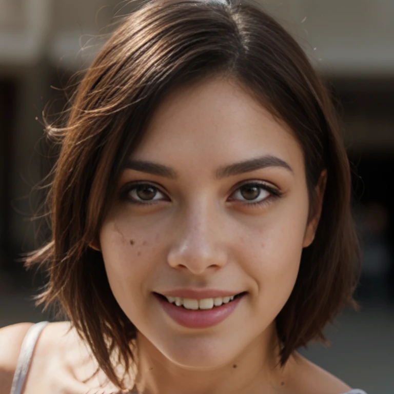 beautiful lady, slight freckles, dark makeup, brune, big smile,hyperdetailed photography, soft light, full head and shoulders portrait, cover