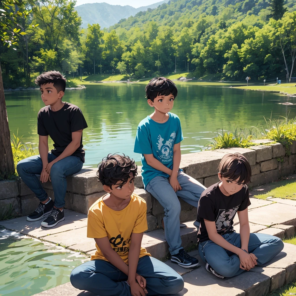 A beautiful evening, around 5pm, a brown indian boy wearing aqua blue tshirt and blue jeans, sitting on the steps next to a lake ,on right side of the image,feeling sad, sitting away from his two indian fair skin friends sitting on left side of the image, two boys wearing black tshirts. Keep space between the two black shirts boys and blue tshirt boy.