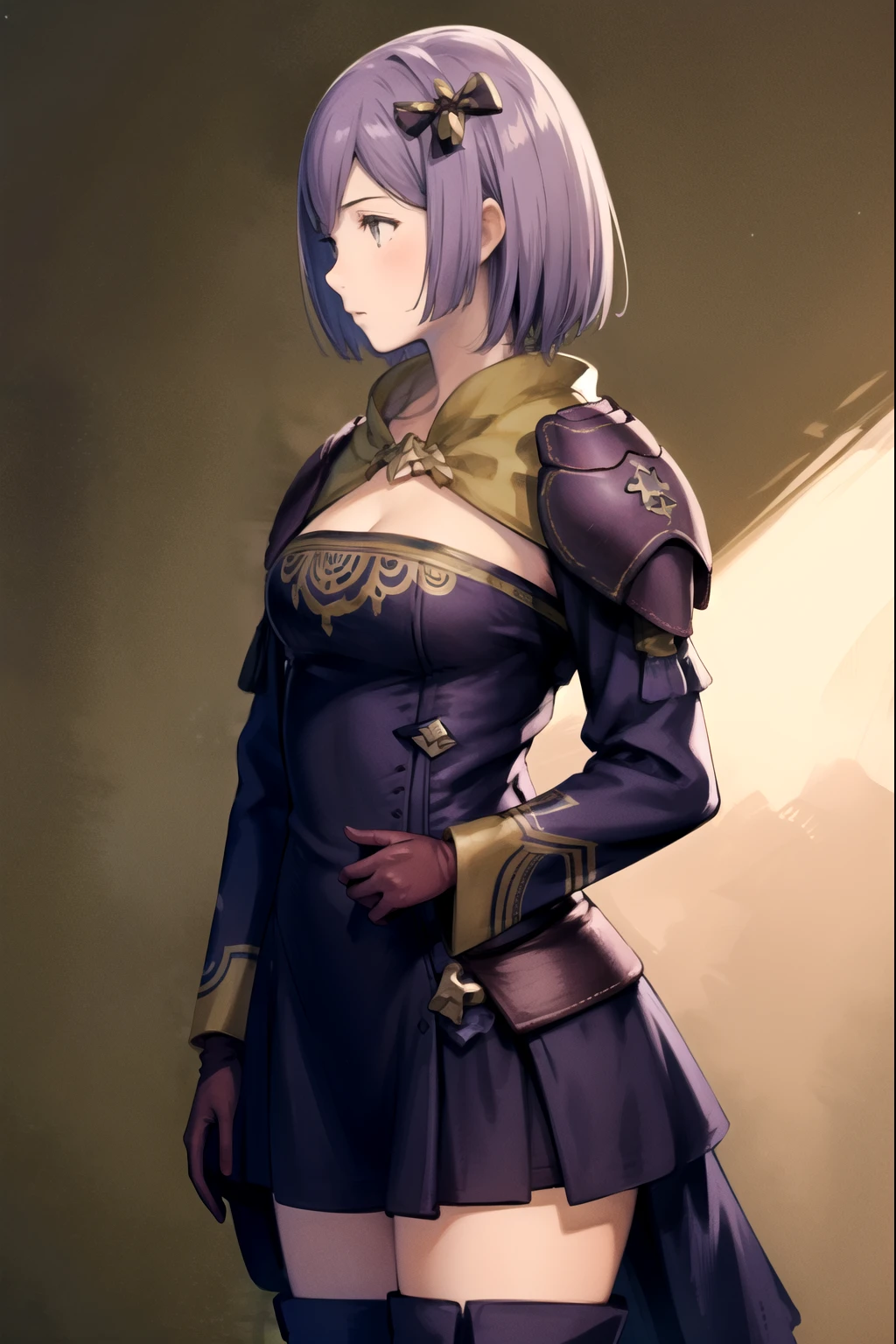 Masterpiece, solo, 1girl, upper body, warBernie, purple dress, cleavage, hair bow, yellow gloves, purple boots