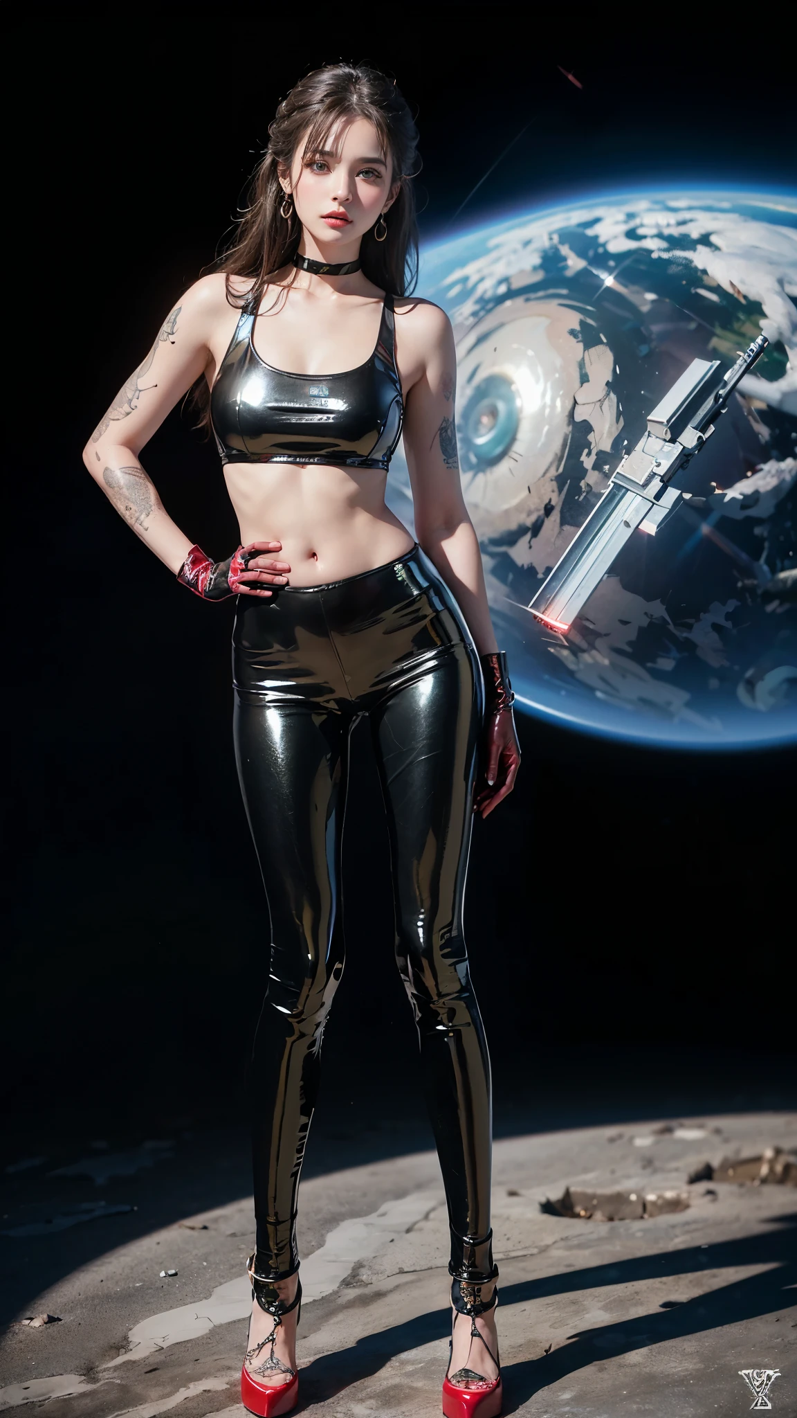 ((masterpiece:1.4)、(highest quality:1.4)、(Realistic:1.7))、Masterpiece:1.4、(Top-notch rendering:1.4)、(Space Federation 3WA Special Agency Female Officer:1.4)、Super Beautyエージェント、(By Luis Royo:1.4)、(Ready your gun?:1.2)、(Futuristic sci-fi battle fashion:1.2)、(Street Style Wear)、(Tight Fit Pants)、(Shiny luxury latex:1.4)、(Luxury Red Latex:1.4)、22 years old、(Cute Tattoos:1.4)、(Wearing black gloves)、Cute Girl、Super Beauty、(Seductive pose)、Sharp Focus、Portrait Photography:1.4、8k、Photorealistic images:1.4、(Perfect female body:1.4)、Perfect proportions、(Standing:1.4)、(Full body photography:1.4)、Beautiful Face、Fearless look、Beautiful Eyes、(A girl with a beautiful body and slender abdominal muscles)、(Narrow waist:1.4)、(9-body proportions beautiful girl:1.4)、(A beautiful girl with long legs and a good figure:1.4)、Beautiful feet:1.2、(Long Hair:1.2)、Heavy makeup、Eyeshadow、Glow Eye、Glow Lip、Beautiful breasts、Large Breasts:1.2、sexy ass、(Standing facing forward:1.4)、Raw photo、Red lips、Red high heels:1.4、choker:1.4、necklace:1.4、Earrings:1.4、1 Screen Display:1.4、Beautiful night view of cyberpunk city:1.2
