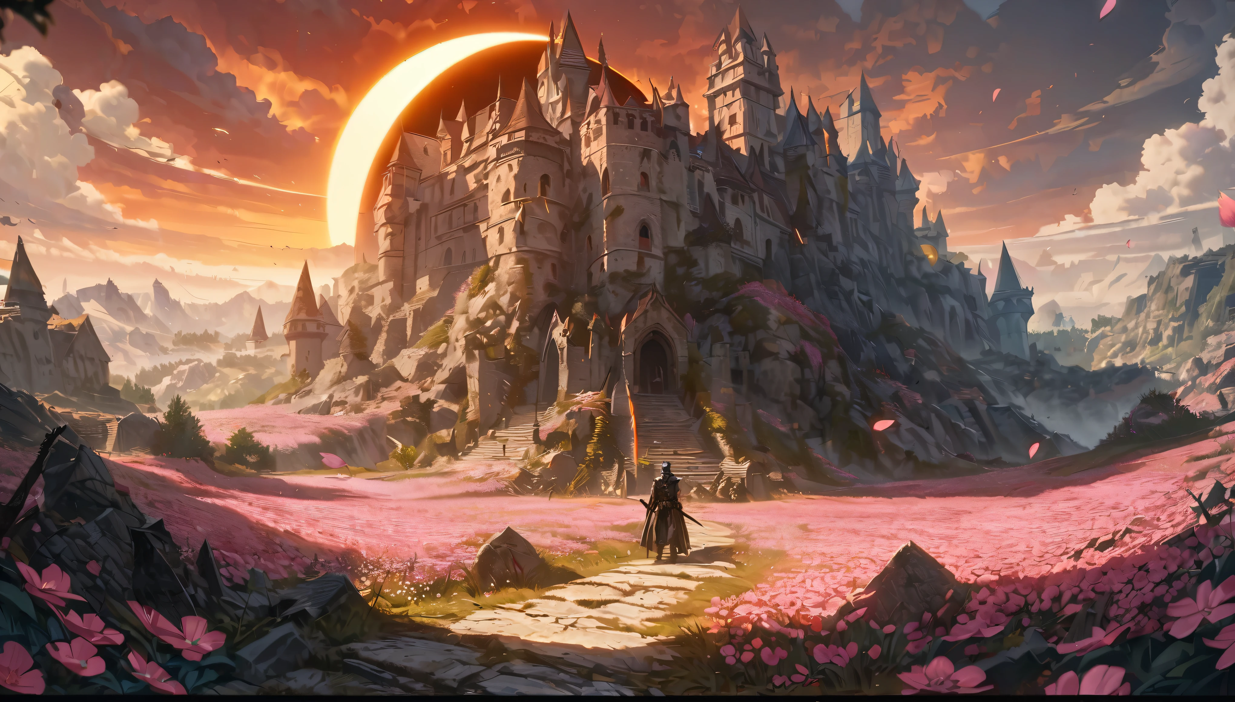 anime aestetics, fantasy landscape, day time, dark orange skies, swapm with a lot of rocky hills, the ruiins of a huge castle far at the background, ruins of the medieval wall on the foreground, white spiky sun, beautiful architecturered solar eclipse, a lot of pink flowers with pointy petals, dark souls 3 eclipse, wide shot, front view, berserk eclipse, tragic atmospher, sad atmosphere, 4k, masterpiece:1.4, best quality,4k,high resolution ultra detailed, retina