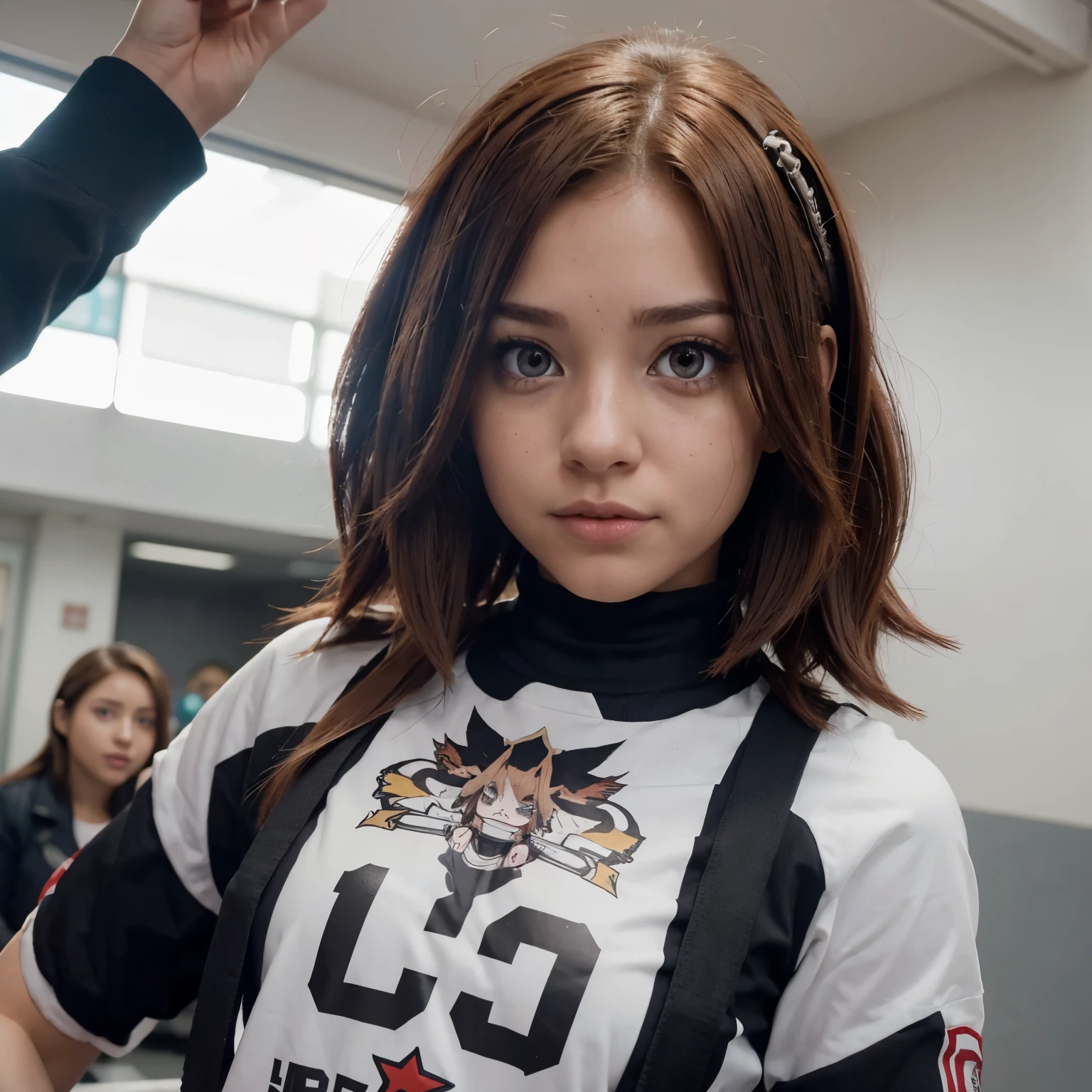 captura de pantalla de boku no hero academia de una chica con el cabello largo y ondulado color marron y ojos marrones, tiene un expresion normal, He doesn't smile and has big eyes, utiliza el uniforme de la UA