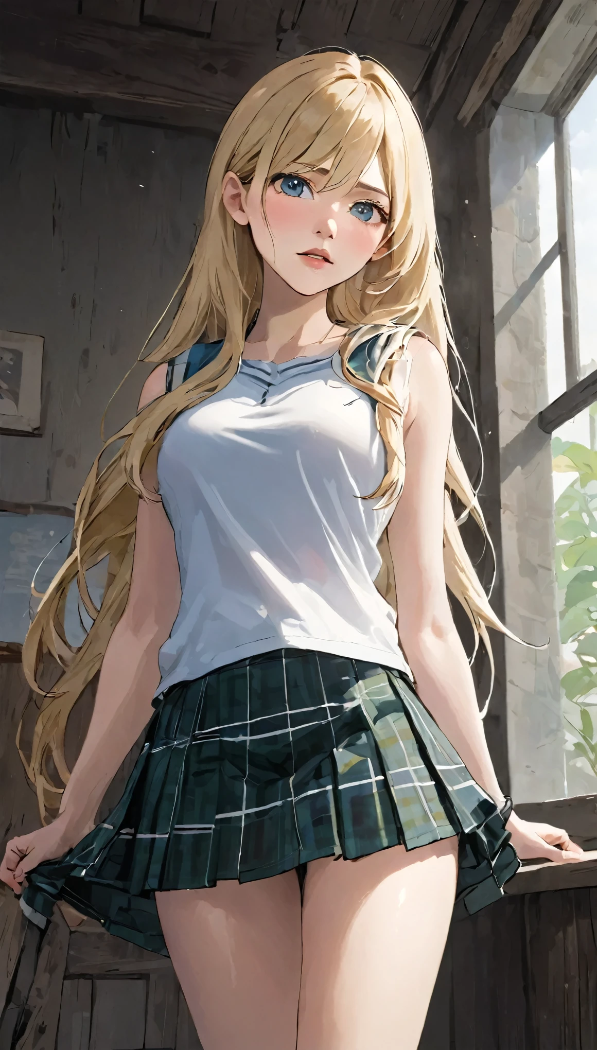 ((upon)), masterpiece, Better Quality, (Realist, PhotoRealista: 1.4), (Photo RAW: 1.2), Very detailed Unity 8k CG 壁紙, Very delicate and beautiful official art, is great, Attention to detail, Disorganized, unbelievably ridiculous, Large archive , Ultra-detailed, Very detailed, ((Catherine Winnick: 1.3)\(Vikings)\(Laguerta)), Very detailed目と顔, Beautiful and fine details, Facial Light, One Girl, Very long hair, ((Horsetail)), alone, Linda, View the viewer, (The perfect woman) , Narrow waist, Whole Body Ezbian, small, ((small breasts)), stand up, ((She wears a respectable uniform)), ((Microphalda)), mini skirt, Checked skirt, belly button, next door, Sleeveless shirt, Bare arms, fringe, School, Shabby room, Ulzzang-6500-v1.1, ((Extremely wide hips)), ((Extremely thick thighs))