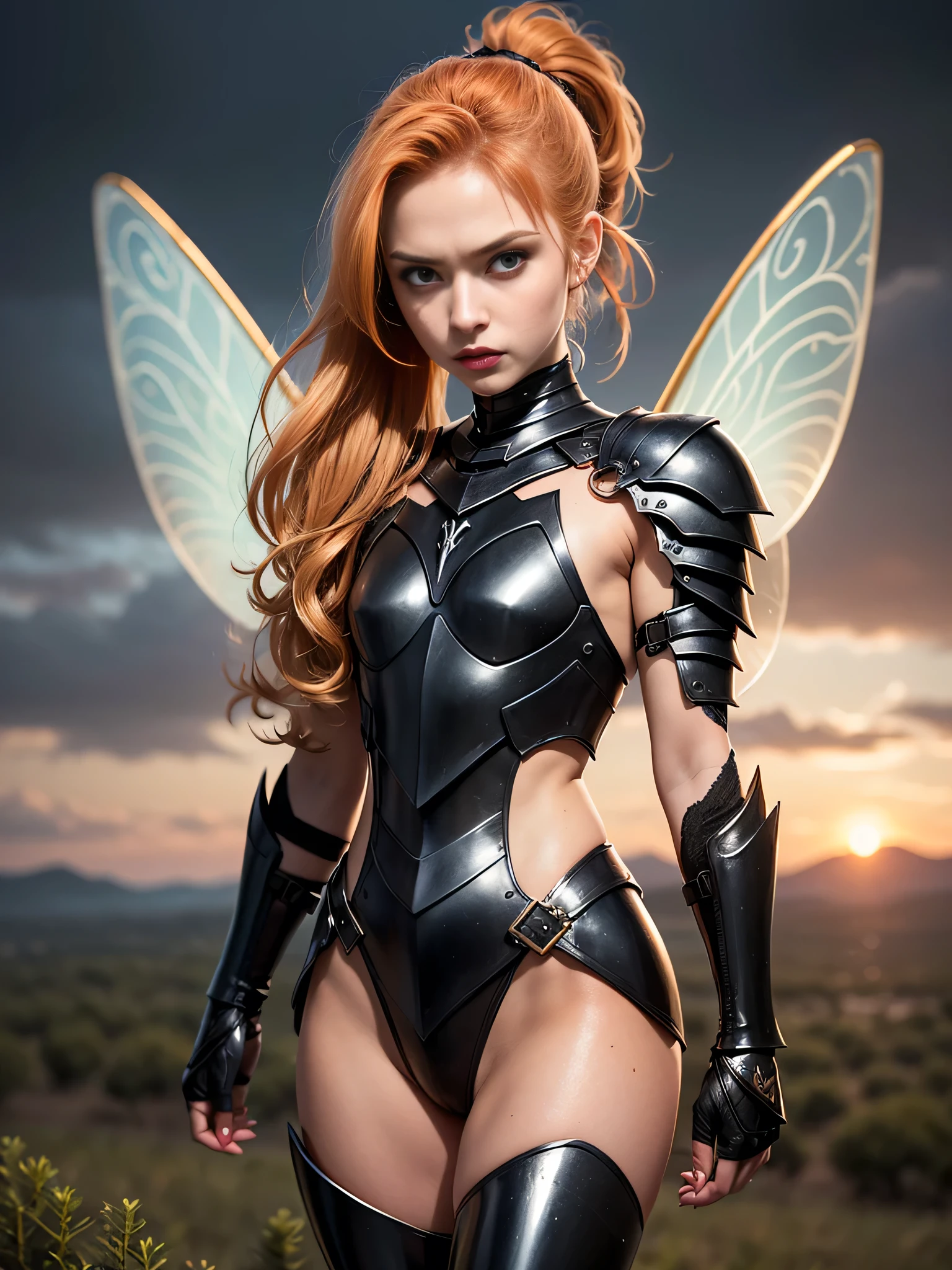 ((best quality: 1.5)) ((masterpiece)), intricate details, sharp focus, professional, photorealistic, real life, realistic representation of the face, ((((solo, 1girl) muscular assassin, (intense expression, metallic lipstick, ([flat chest:medium breasts:0.8]))))) bright glow, dynamic pose, beautiful face, ((film grain, blurry background, blurry foreground, bokeh, depth of field, sunset, interaction)), battlefield, plains, tall grass, solo, BREAK; BREAK (((long wavy [pink hair:bright ginger hair:0.4], ponytail, blackout gothic eyeshadow))), (freckles: 0.9), ((body tattoo:0.2)), ((fujicolor)), BREAK; BREAK ((((((fairy, wings, lacquered black armor:1.4, ((flying, tiny trees below))))))))