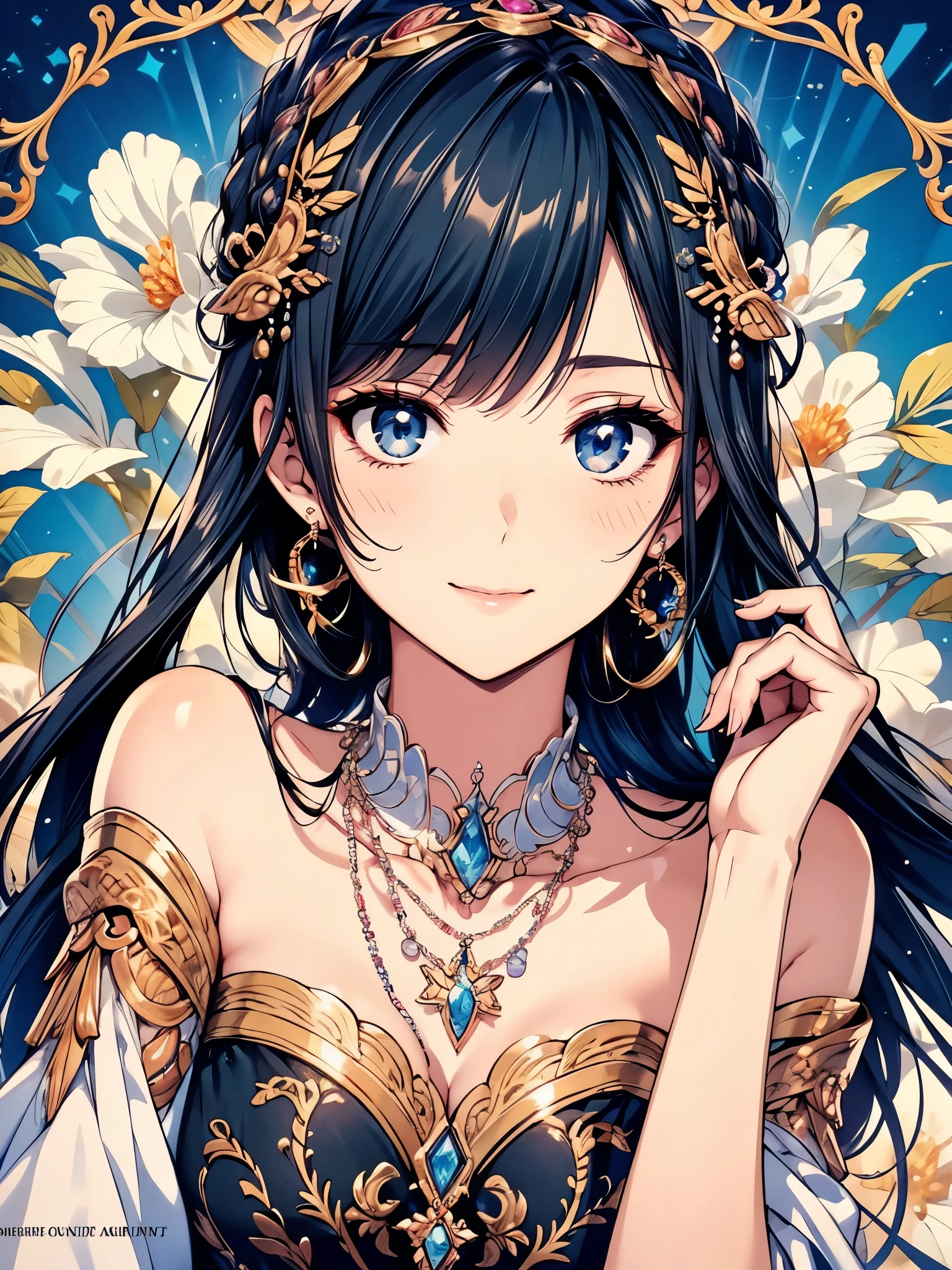 ((focus on the face)), ((Beautiful facial features)), Extra high detailed description eyes, Beautiful eyes, Beautiful woman, Beautiful arms, Beautiful Hands, (slender), Detailed depiction of faces, Small earrings, necklace, litle smile, Outstanding style, colour ink art, Line art, colour pencil writing, magazine cover, illustration, anime style, drop shadow, projected inset, 8K, Masterpiece, anatomically correct, award winning, best quality