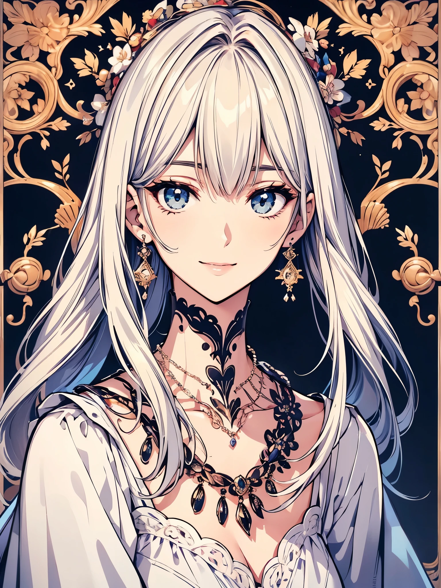 ((focus on the face)), ((Beautiful facial features)), Extra high detailed description eyes, Beautiful eyes, Beautiful woman, Beautiful arms, Beautiful Hands, (slender), Detailed depiction of faces, Small earrings, necklace, litle smile, Outstanding style, colour ink art, Line art, colour pencil writing, magazine cover, illustration, anime style, drop shadow, projected inset, 8K, Masterpiece, anatomically correct, award winning, best quality