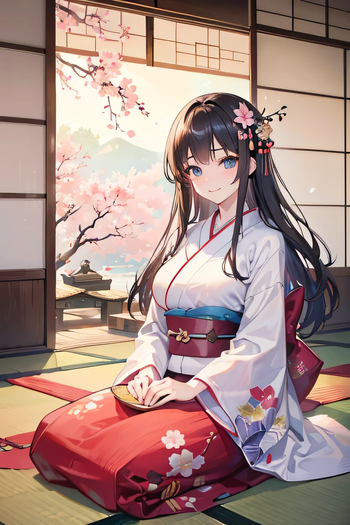 20-year-old girl,long brown hair,blue eyes,big breasts,smile,short kimono,japanese interior,(best quality,4k,8k,highres,masterpiece:1.2),ultra-detailed,(realistic,photorealistic,photo-realistic:1.37),illustration,traditional painting technique,serene garden,beautiful cherry blossoms,floating lanterns,futon,tatami mats,shoji screens,fusuma doors,paper sliding doors,zen garden,delicate floral patterns,majestic temple in the background,vibrant colors,soft natural lighting,subtle shadows.