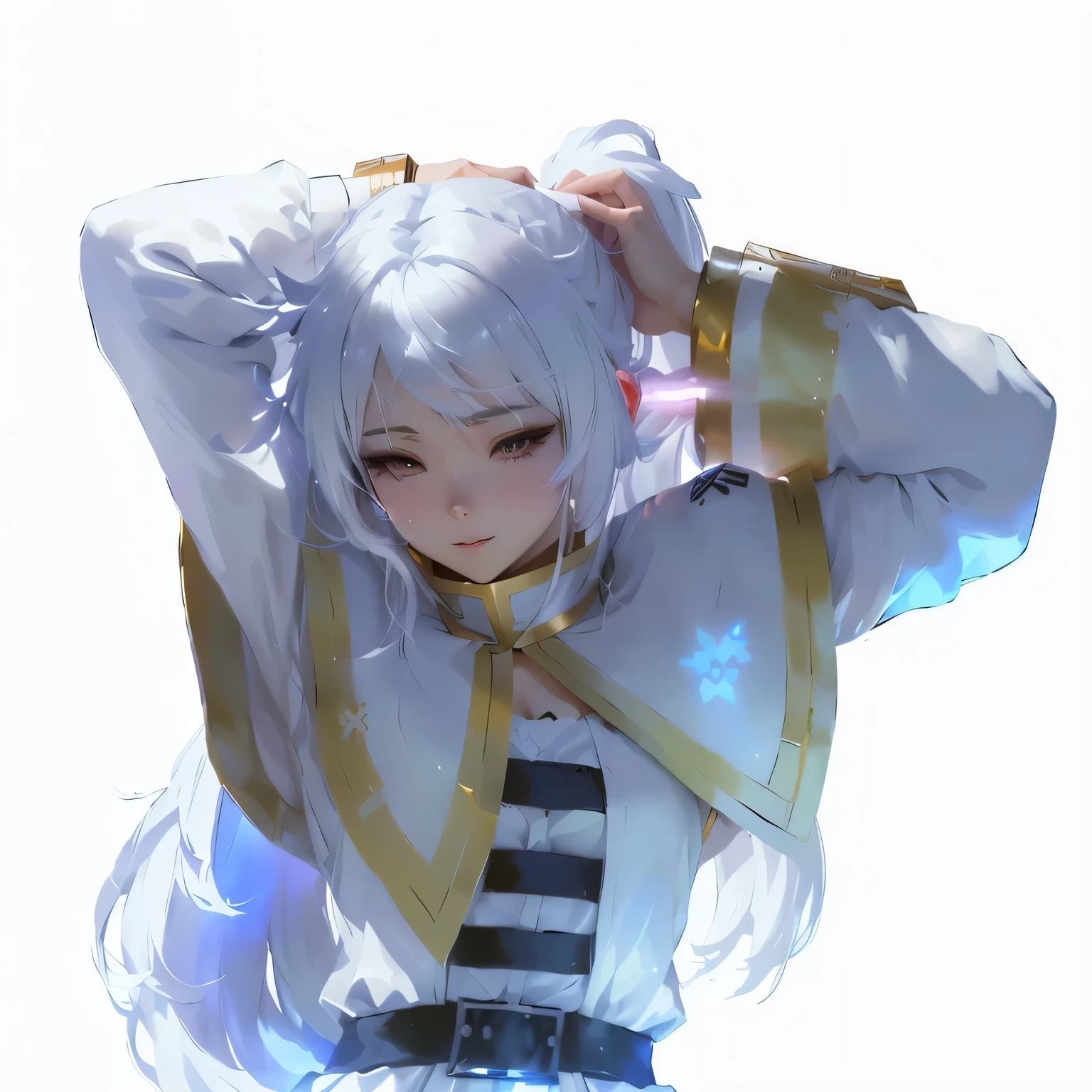 anime girl with white hair and a white dress holding her head, relaxed dwarf with white hair, guweiz, crisp clear rpg portrait, white haired deity, ayanami, anime character, detailed anime character art, anime character art, made with anime painter studio, silver hair (ponytail), dwarf with white hair, white hair floating in air, ayaka genshin impact, smile, look at the camera