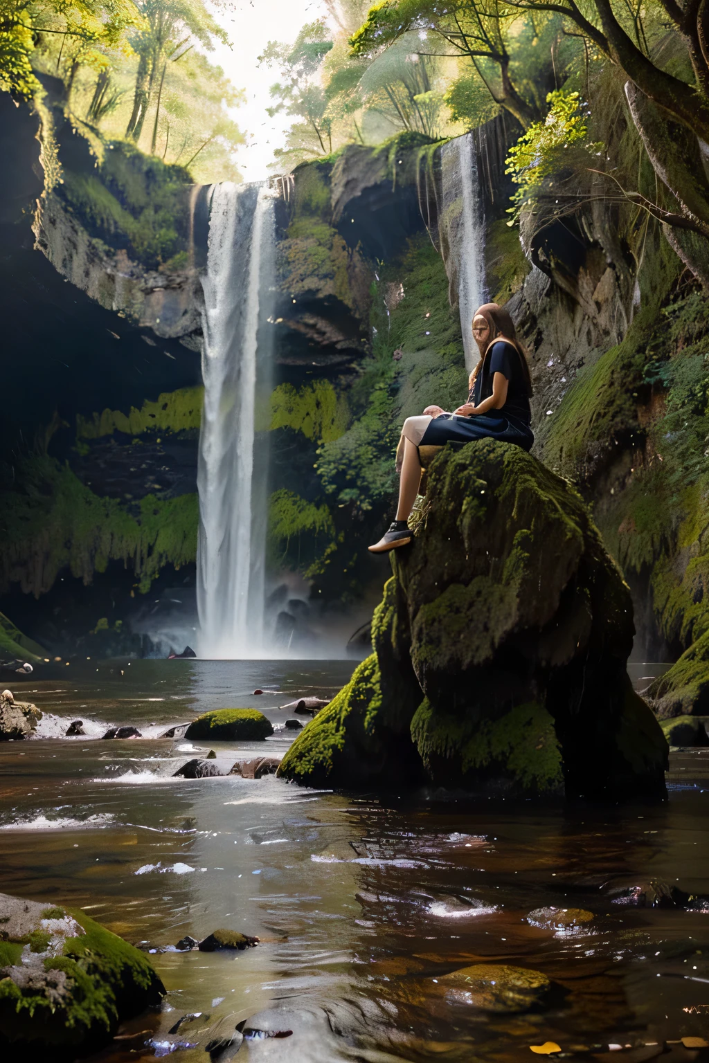 photograph of a 25 year old woman, cara perfecta, Obra maestra en paisaje cascada fotografia tomada de lejos