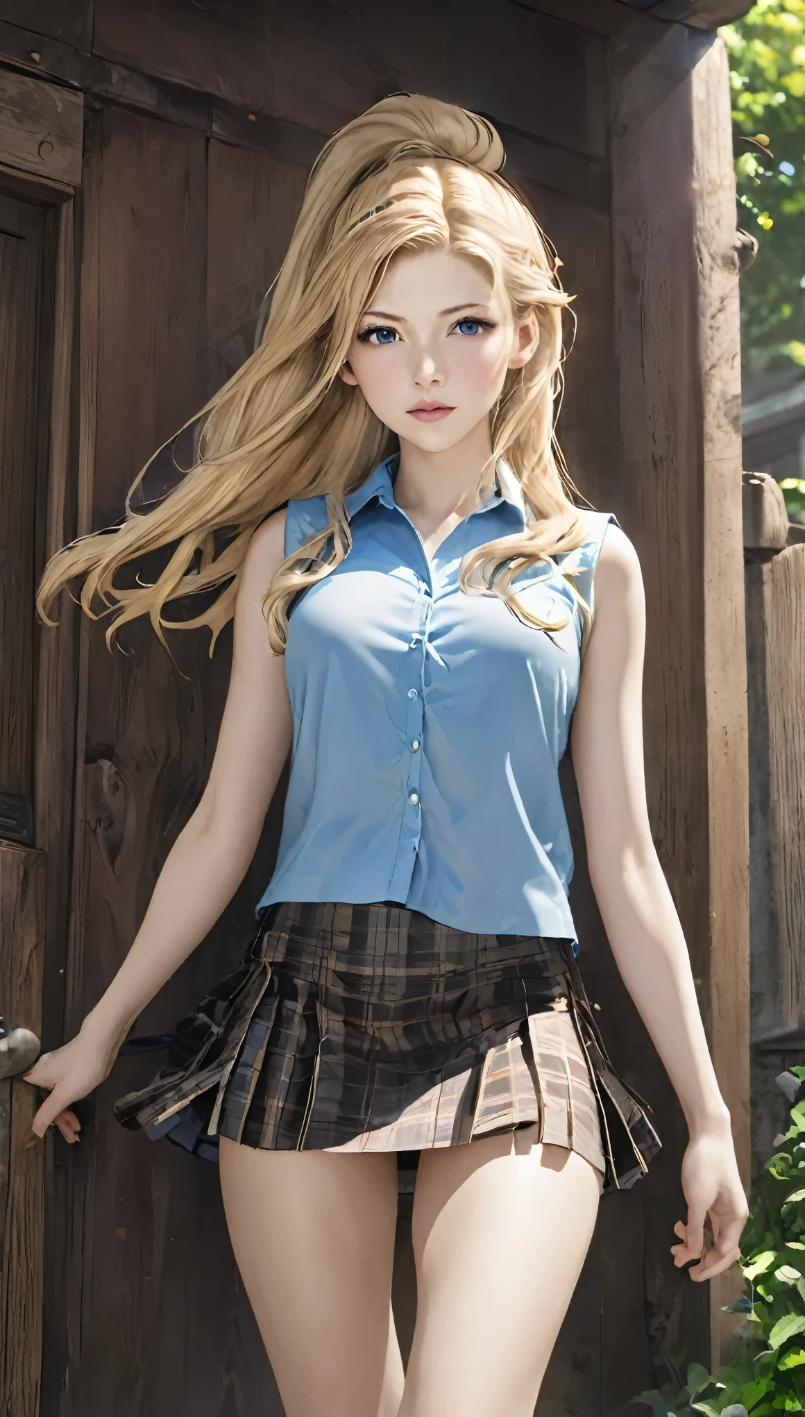 ((upon)), masterpiece, Better Quality, (Realist, PhotoRealista: 1.4), (Photo RAW: 1.2), Very detailed Unity 8k CG 壁紙, Very delicate and beautiful official art, is great, Attention to detail, Disorganized, unbelievably ridiculous, Large archive , Ultra-detailed, Very detailed, ((Catherine Winnick: 1.3)\(Vikings)\(Laguerta)), Very detailed目と顔, Beautiful and fine details, Facial Light, One Girl, Very long hair, ((Horsetail)), alone, Linda, View the viewer, (The perfect woman) , Narrow waist, Whole Body Ezbian, small, ((small breasts)), stand up, ((She wears a respectable uniform)), ((Microphalda)), mini skirt, Checked skirt, belly button, next door, Sleeveless shirt, Bare arms, fringe, School, Shabby room, Ulzzang-6500-v1.1, ((Extremely wide hips)), ((Extremely thick thighs))