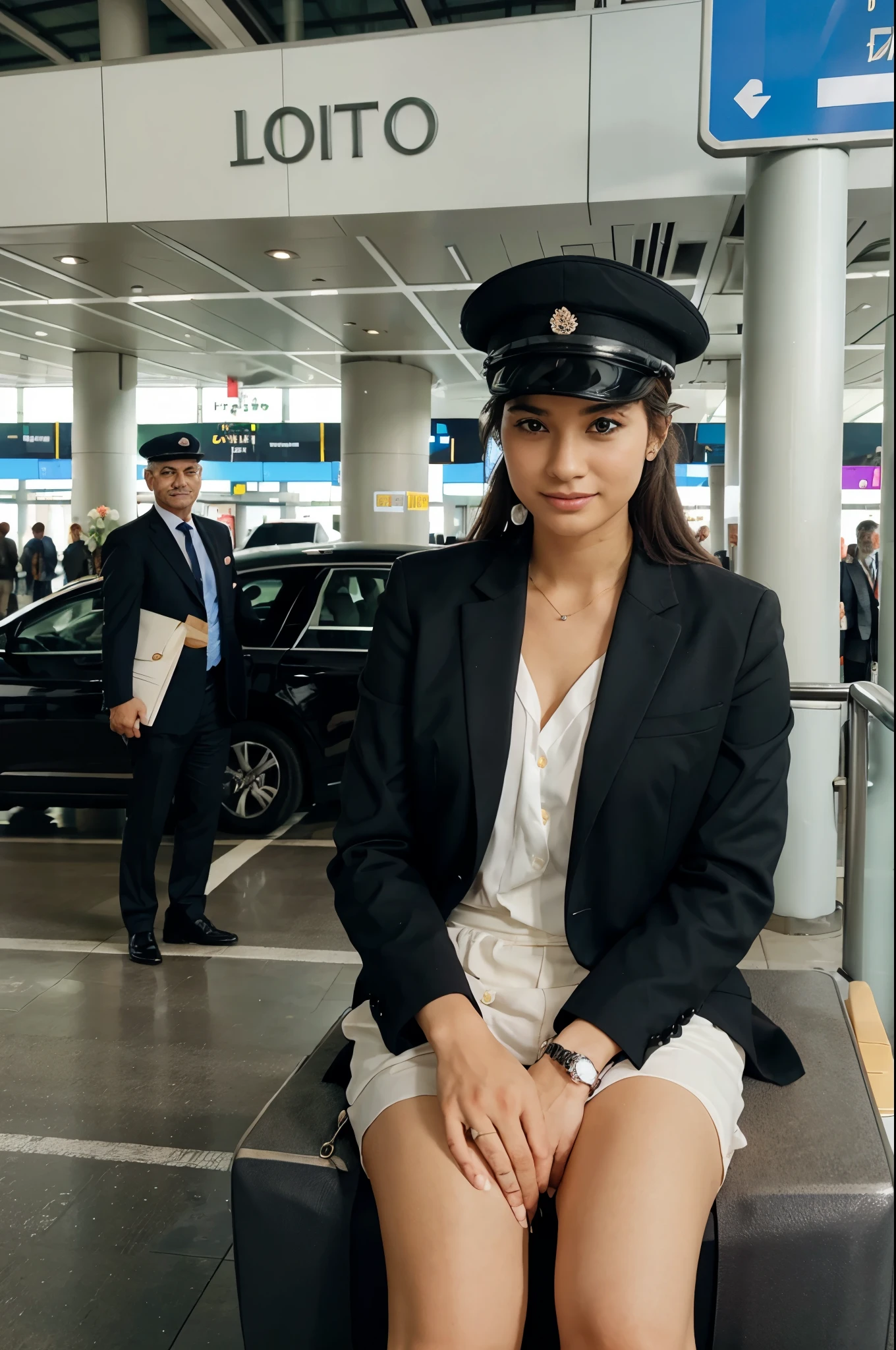 Chauffeur with sign and flowers receiving someone at the airport 