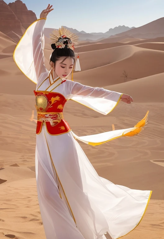 A girl in a white dress dances in the desert, Inspired by the Tang Dynasty, Chinese Costume, Queen of the Sea Mu Yanling, Chinese Ribbon Dance, Chinese traditional clothing, Chinese traditional, traditional This costume, Wearing Ancient Chinese Clothing, This costume, Inspired by Luo Mu, Inspired by Zhao Zuolin, Inspired by Run In, Tang Dynasty