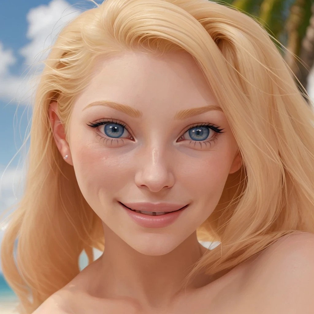 Anime girl. blonde hair. blue eyes. wind blown hair. evening. outdoors. nudity. large breasts. kneeling. arms above head. sultry smile. Ann Takamaki