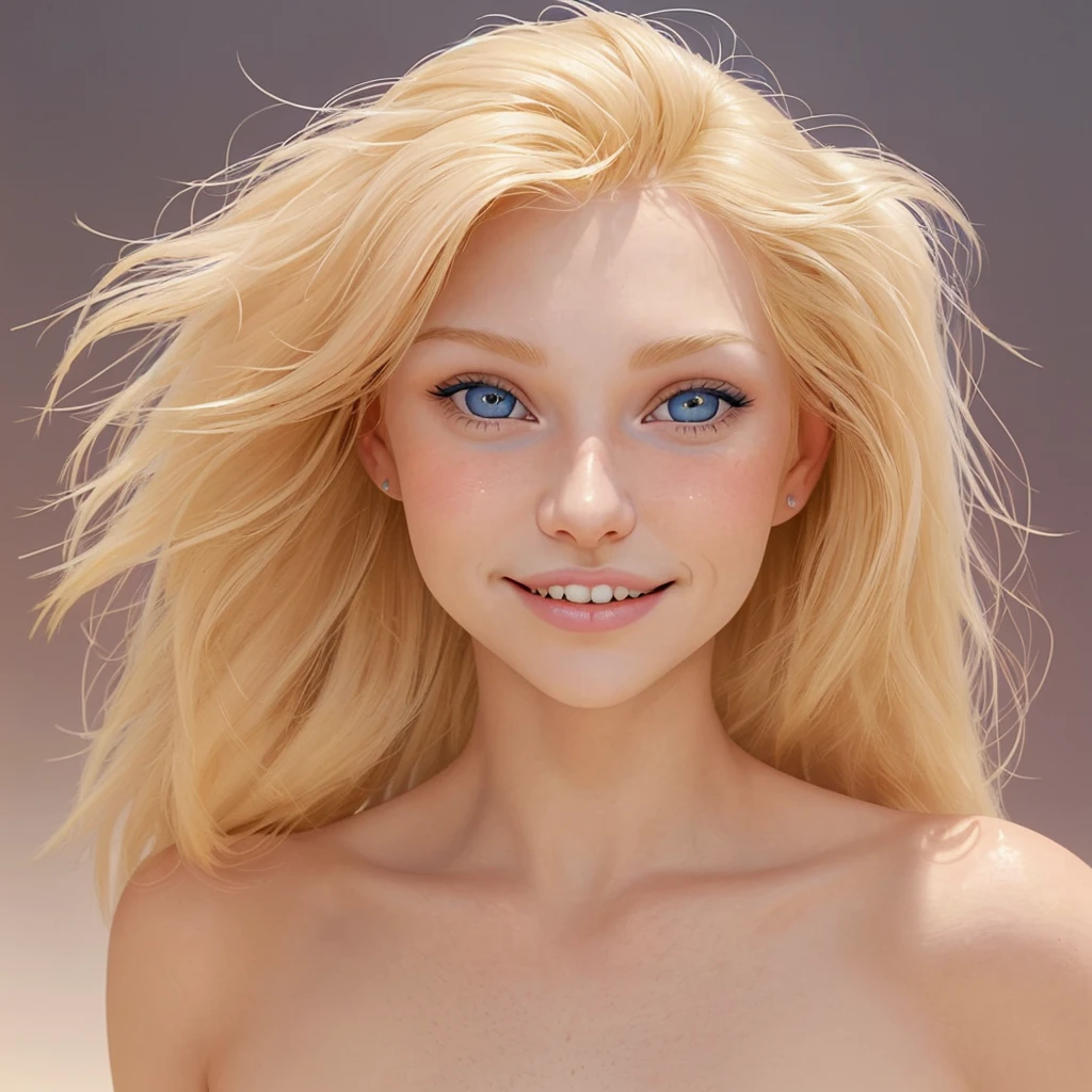 Very beautiful young woman of 19 years old. Blond roux comme couleur des cheveux longs. Yeux bleus claire. Taches de rousseurs sur nez et joues. Nose raised. Beau sourire et belle dentition. Elle est vêtue légèrement dans un endroit paradisiaque