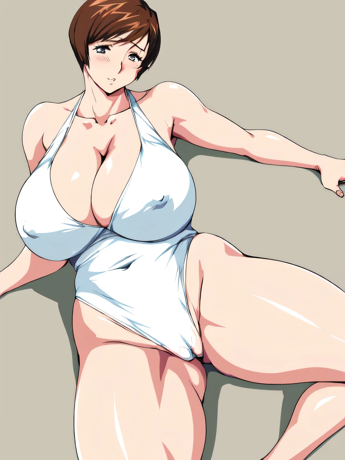 masterpiece, highest quality, High resolution, One Girl, alone, sexual intercourse, Pornographic images, short hair, etsukoto, Fine grain, fine grain, (((Thick thighs, Plump thighs, Voluptuous thighs, Thighs are enough))), Big and ample breasts, Cleavage, Huge long breasts, Naughty big,((Big breasts are important))、((Naughty thighs)), L Cup, (thin:1.4),(Tight waist:1.4), ((white swimsuit, highleg swimsuit)), (((Simple Background))), ((Wide Hips, Big Ass)), Shiny oily skin, Mature mother, Calf, Seductive mature woman, Perfect body, (((Thick))), Plus Size Model, etsukoto, blush, clavicle, retro artstyle, 1990s (style), (((half bare pussy))), ((lying split)), pussy focus, nsfw,