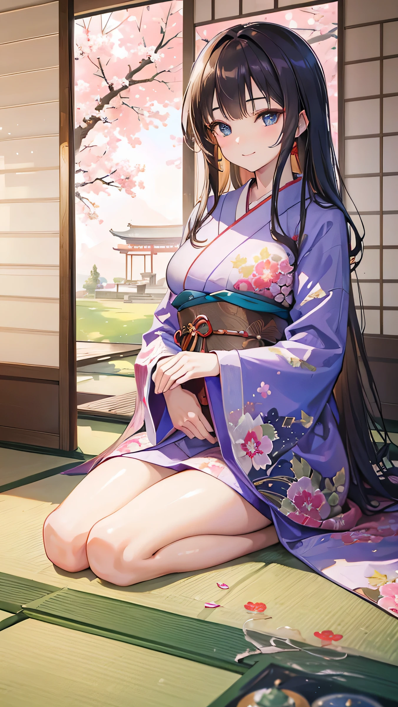 20-year-old girl,long brown hair,blue eyes,big breasts,smile,short kimono,japanese interior,(best quality,4k,8k,highres,masterpiece:1.2),ultra-detailed,(realistic,photorealistic,photo-realistic:1.37),illustration,traditional painting technique,serene garden,beautiful cherry blossoms,floating lanterns,futon,tatami mats,shoji screens,fusuma doors,paper sliding doors,zen garden,delicate floral patterns,majestic temple in the background,vibrant colors,soft natural lighting,subtle shadows.