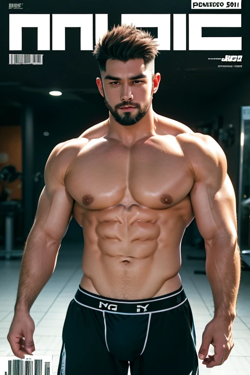 (magazine cover), with text, solo, 1boy, (Huge Muscular Old man as a undies ) (short hair, 2tone hair color, two tone hair colors, black and white hair color), pectoral, abnormal muscle size, very big muscle, legs open, absurdly muscle size, huge pectoral, wide pectoral, short white hair, short bearded, simple background, masterpiece, high detailed, 8k, high resolution, --style 250, -- v 6.0